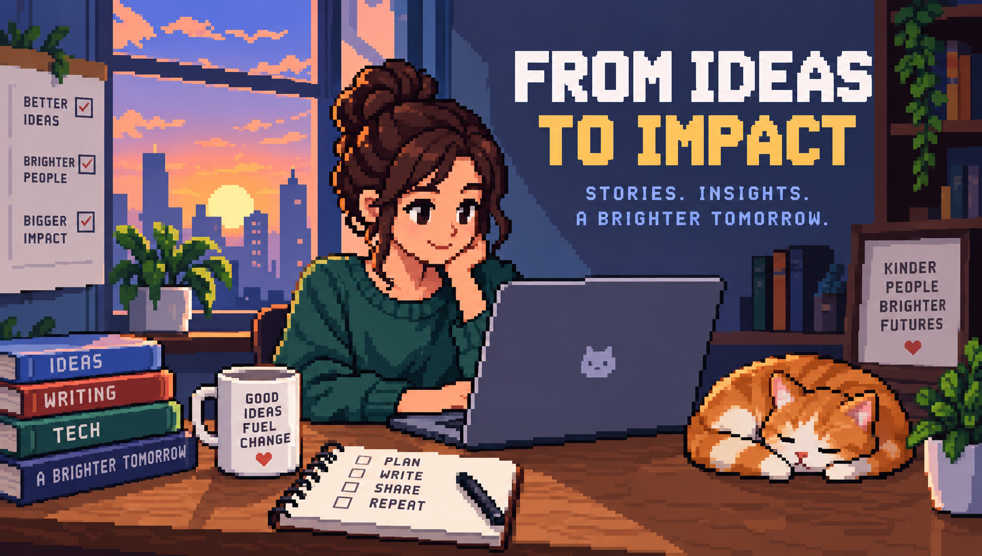 A woman works at a laptop beside a notebook checklist, books, and a sleeping cat, with a city skyline behind her and a message about ideas creating impact.