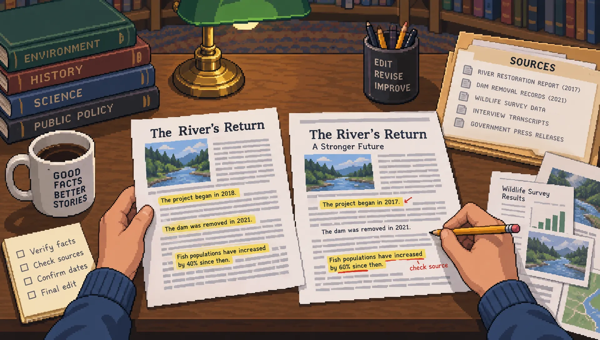 An editor compares original and revised article drafts with highlighted claims and source documents during AI content optimization.