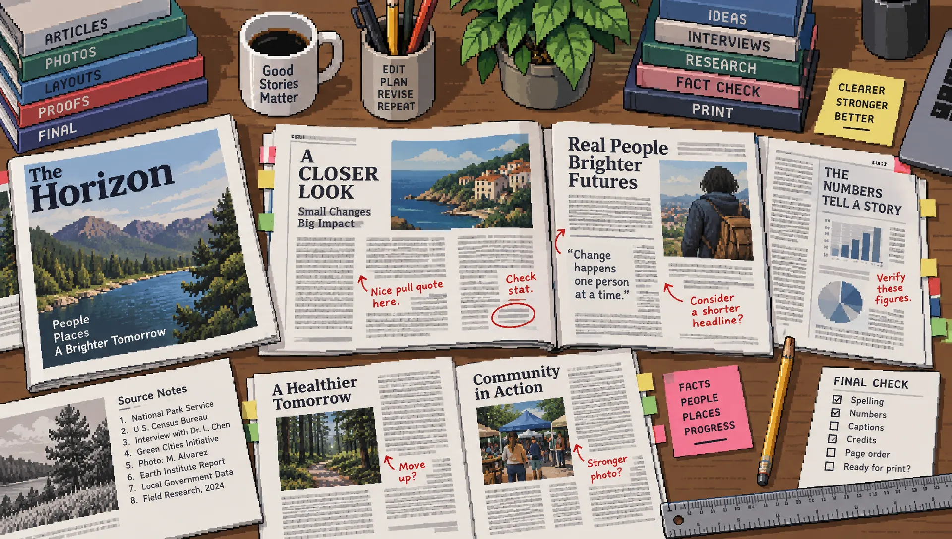 Article proofs covered with editorial notes and source excerpts spread across a production table for a planned refresh.