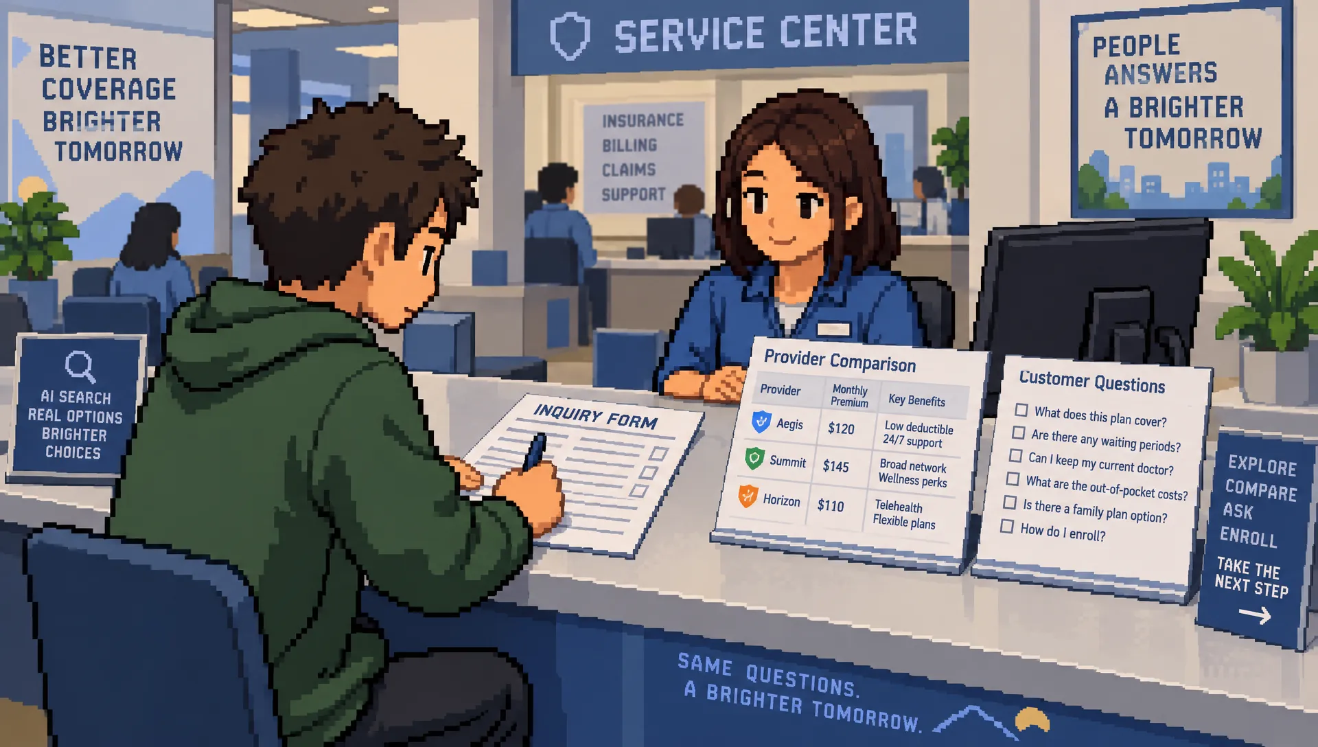 A customer fills out a service inquiry beside provider comparisons, turning AI search research into a next step.