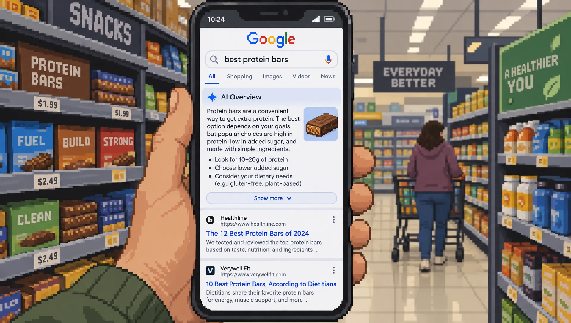 A shopper checks a Google AI search overview on a phone while browsing products in a store.