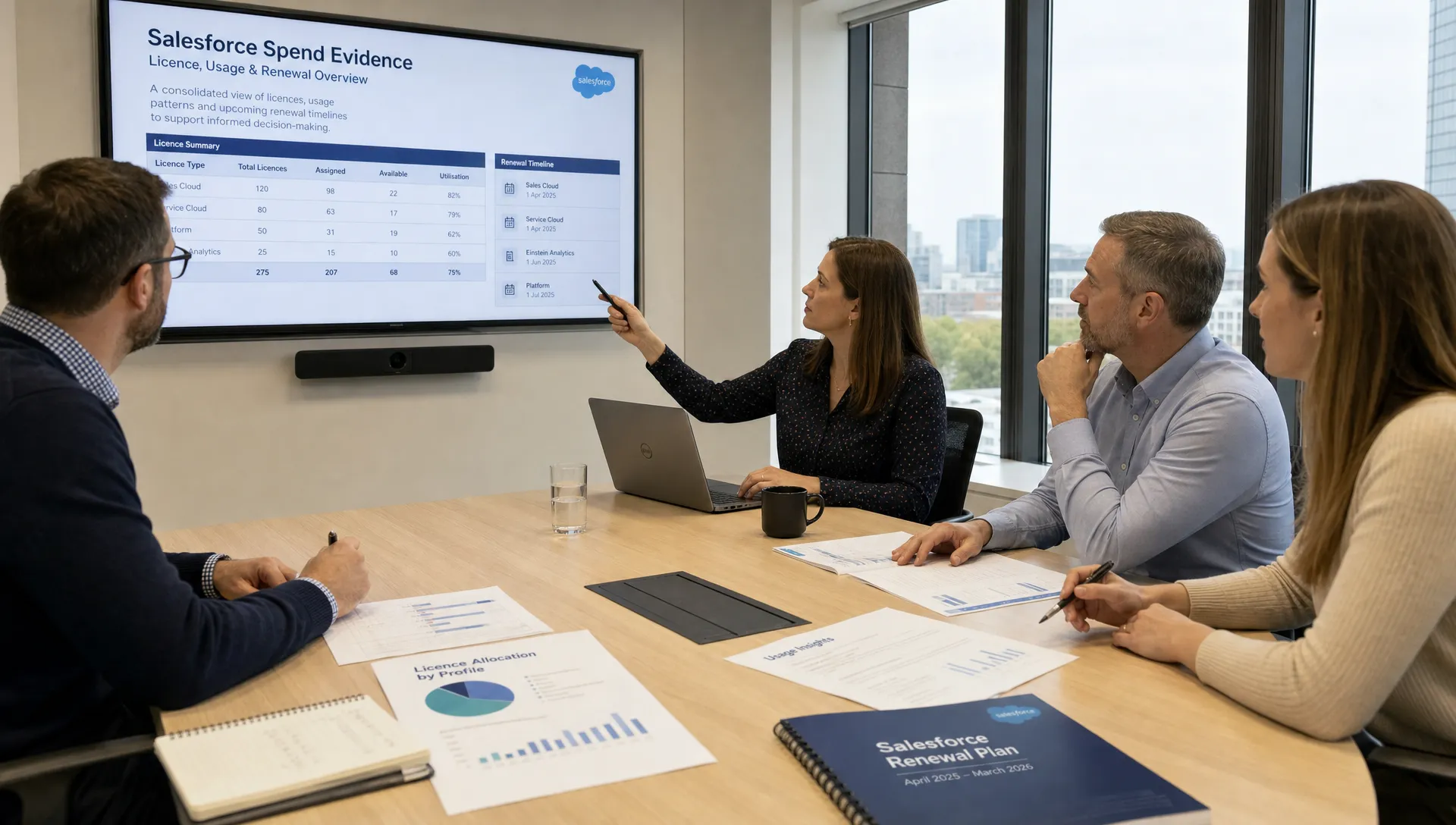 A client success and procurement workshop reviews Salesforce spend evidence with licence reports, usage notes and renewal timelines on a meeting table.