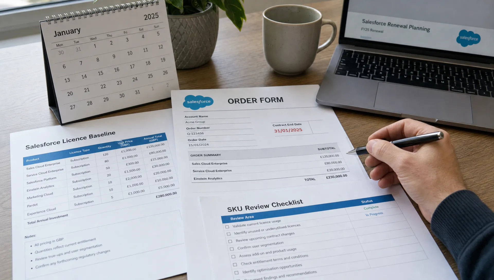 A finance desk with Salesforce renewal papers, a January calendar and a SKU review checklist beside an order form.