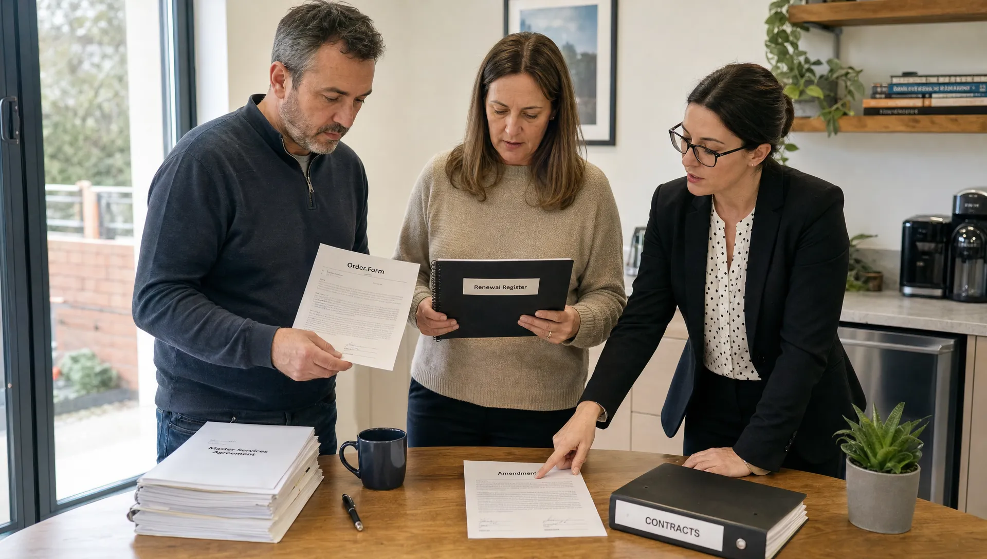 A Salesforce Owner, procurement lead and legal colleague compare order forms and a renewal register at a table.
