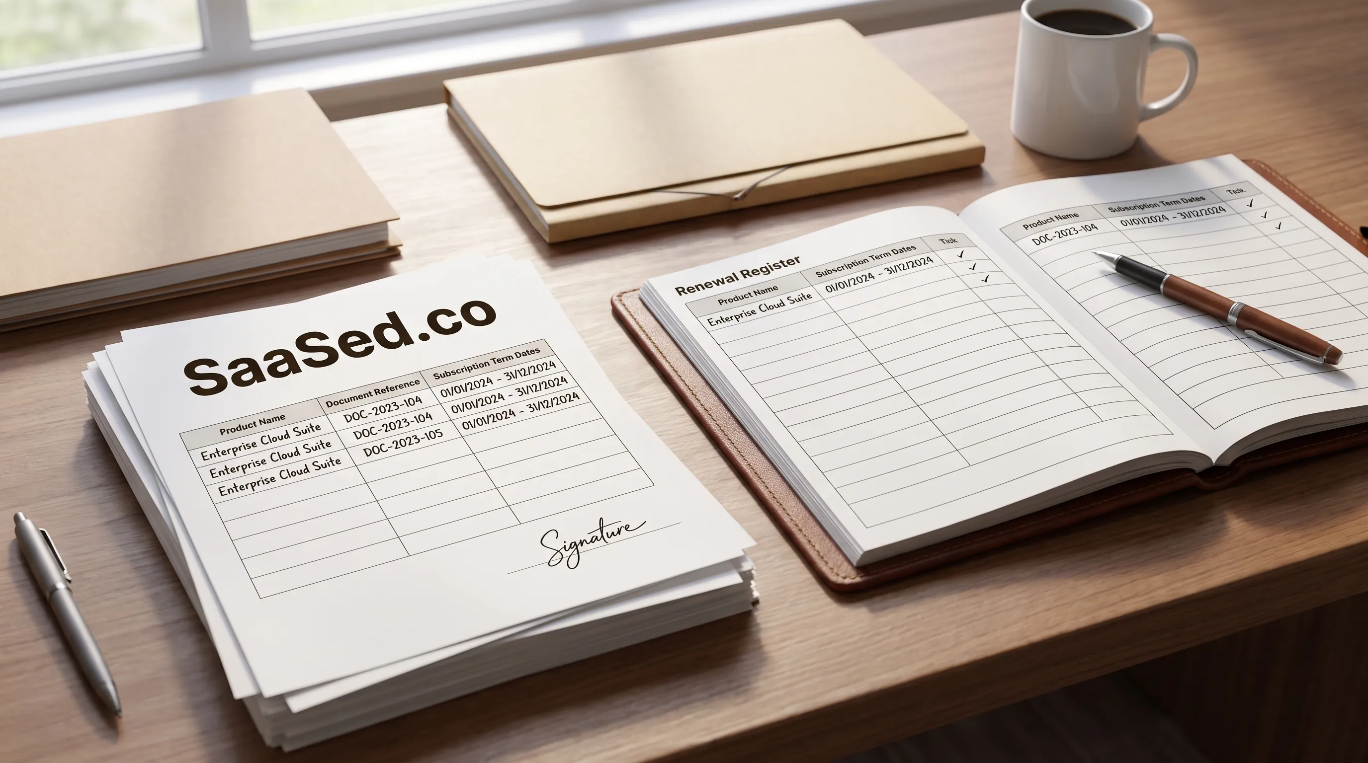 Signed order forms sit beside a renewal register, with product names, document references and subscription term dates matched line by line.