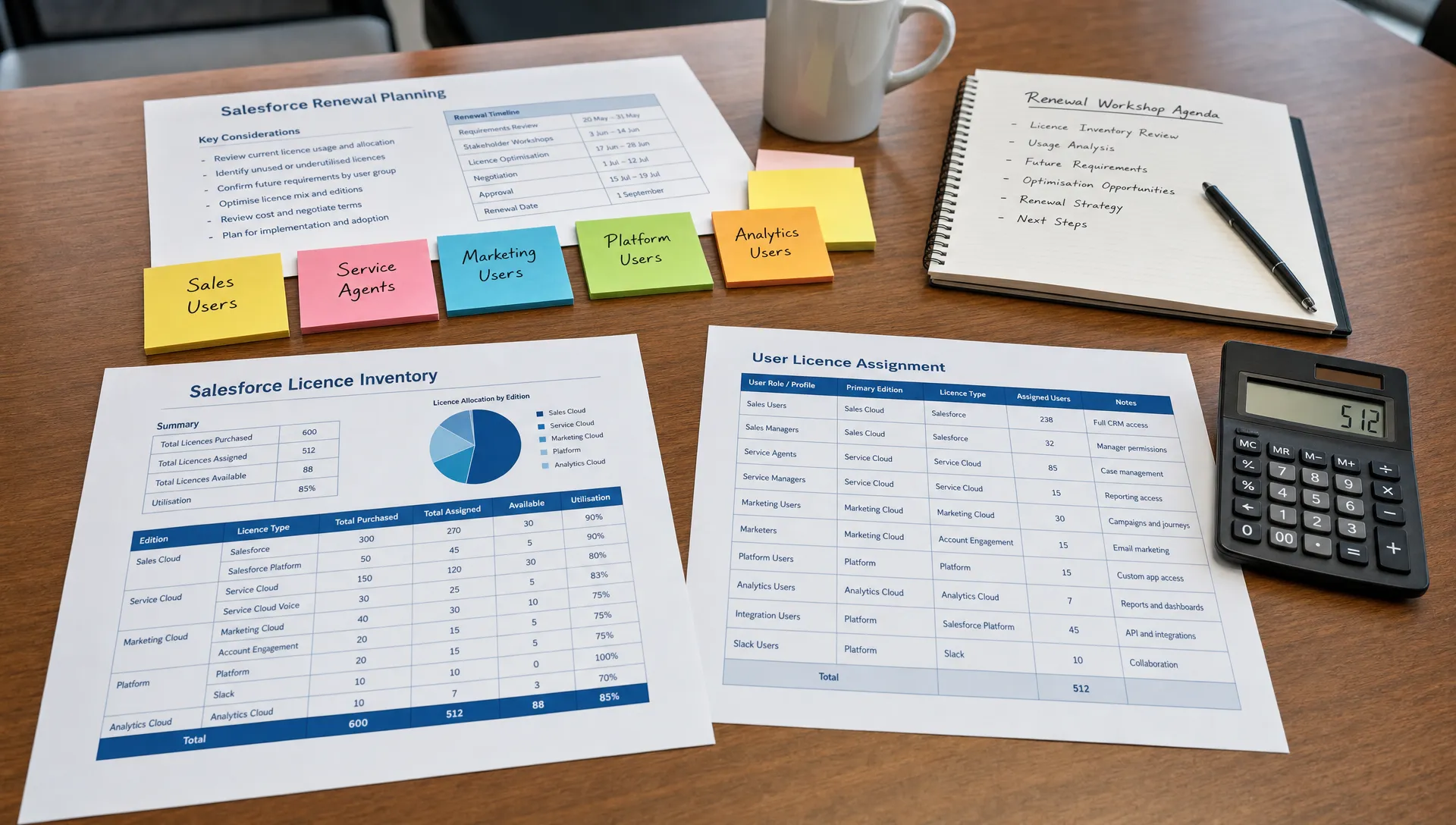 A conference table with printed software licence inventory sheets, coloured sticky notes marking user groups, a calculator and a notebook arranged for a Salesforce renewal planning workshop.