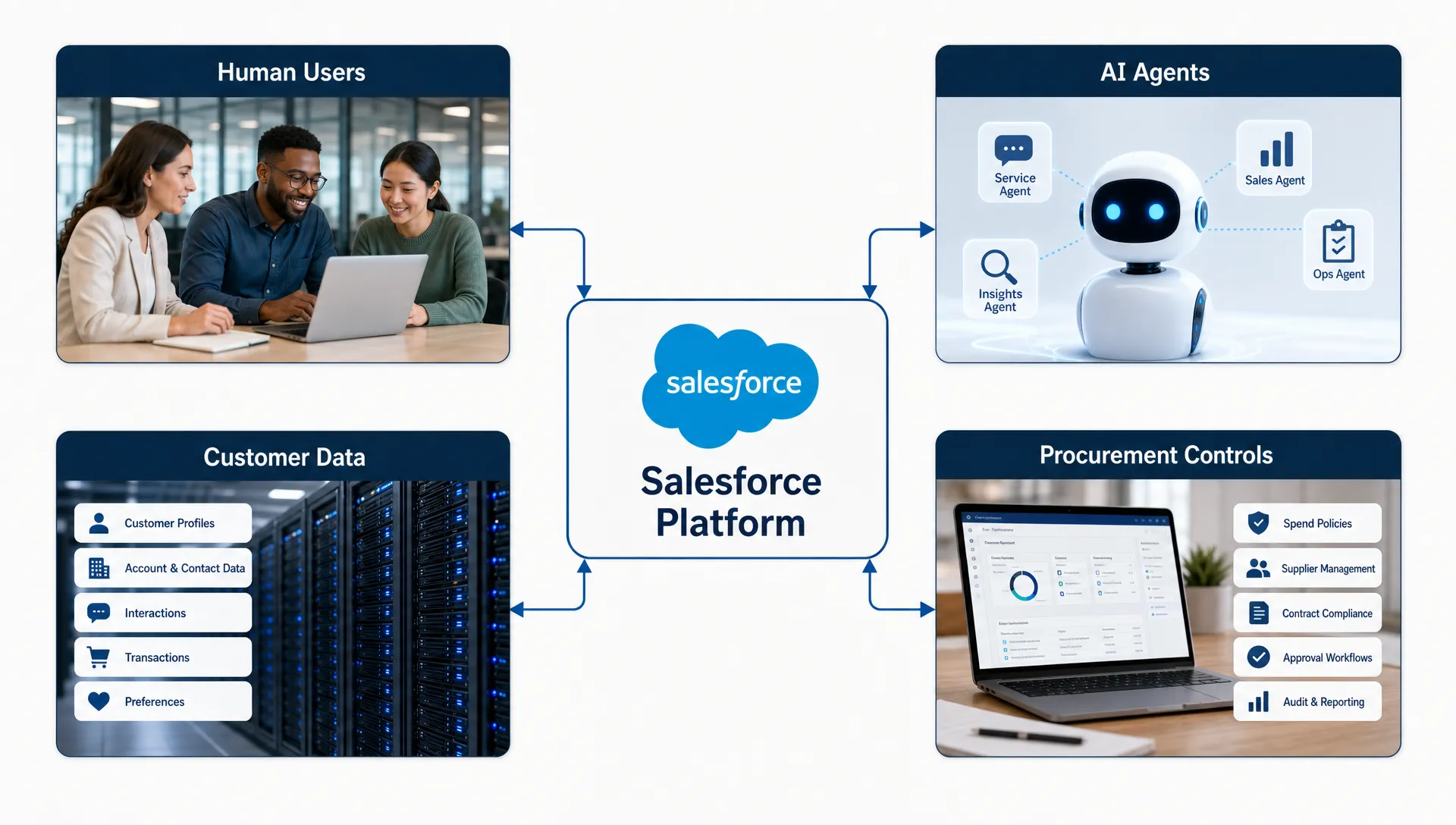 A simple four-part enterprise architecture diagram showing human users, AI agents, customer data and procurement controls connected around a central Salesforce platform commitment.