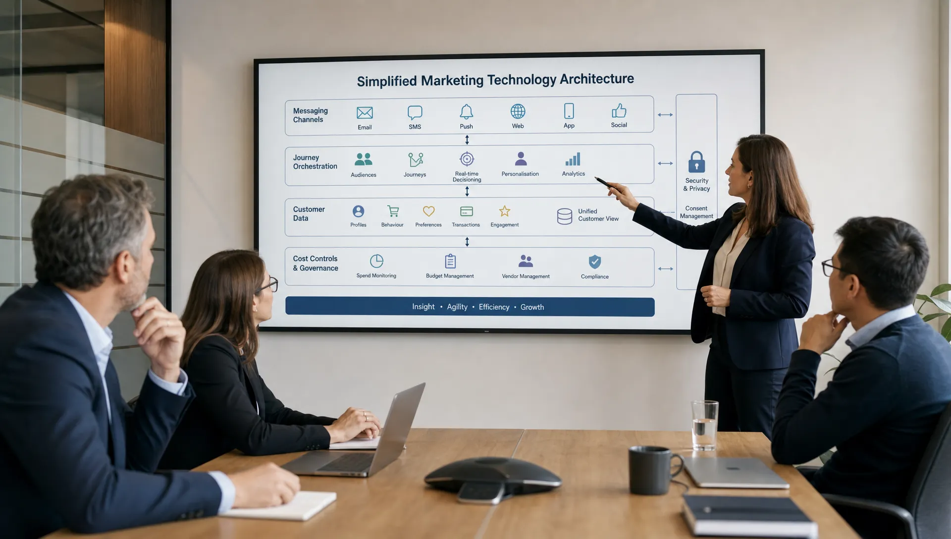 A finance, marketing and IT leadership team reviewing a simplified marketing technology architecture on a meeting room wall, showing customer data, journey orchestration, messaging channels and cost controls as connected layers.