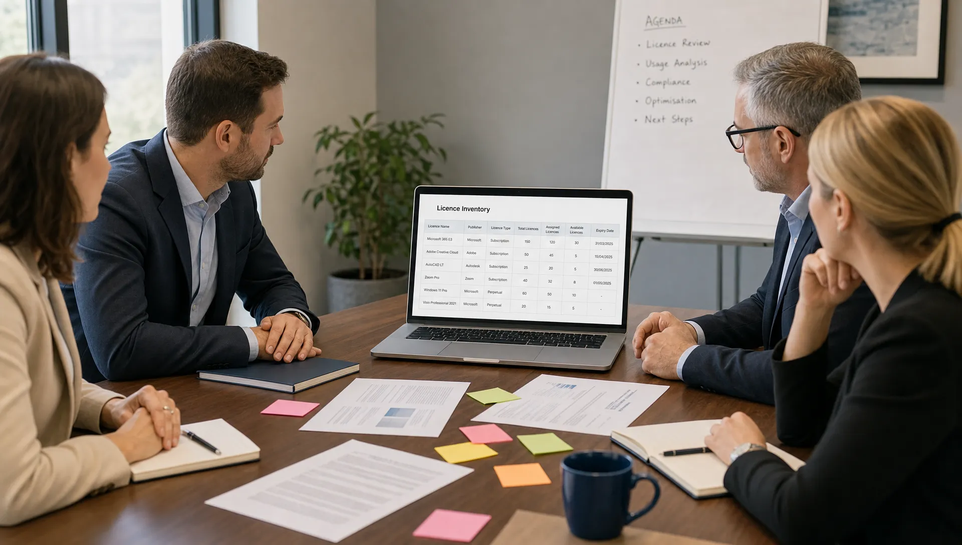 A meeting table with printed contract pages, coloured sticky notes and a laptop facing the people seated around it. The laptop screen shows a simple licence inventory grid oriented correctly towards the team, with no content behind the screen.