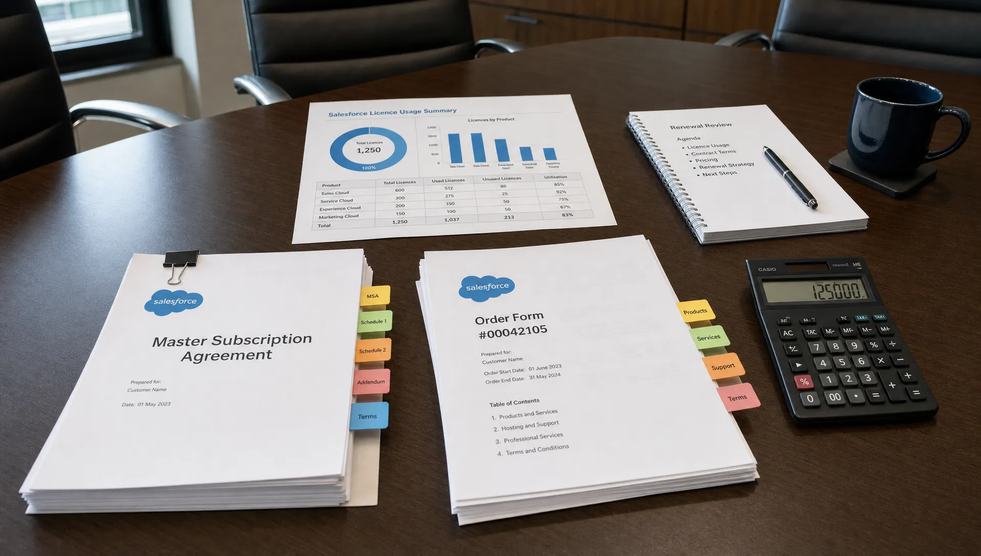 A boardroom table with printed Salesforce contracts, licence usage summaries, coloured tabs and a calculator arranged for a renewal review.