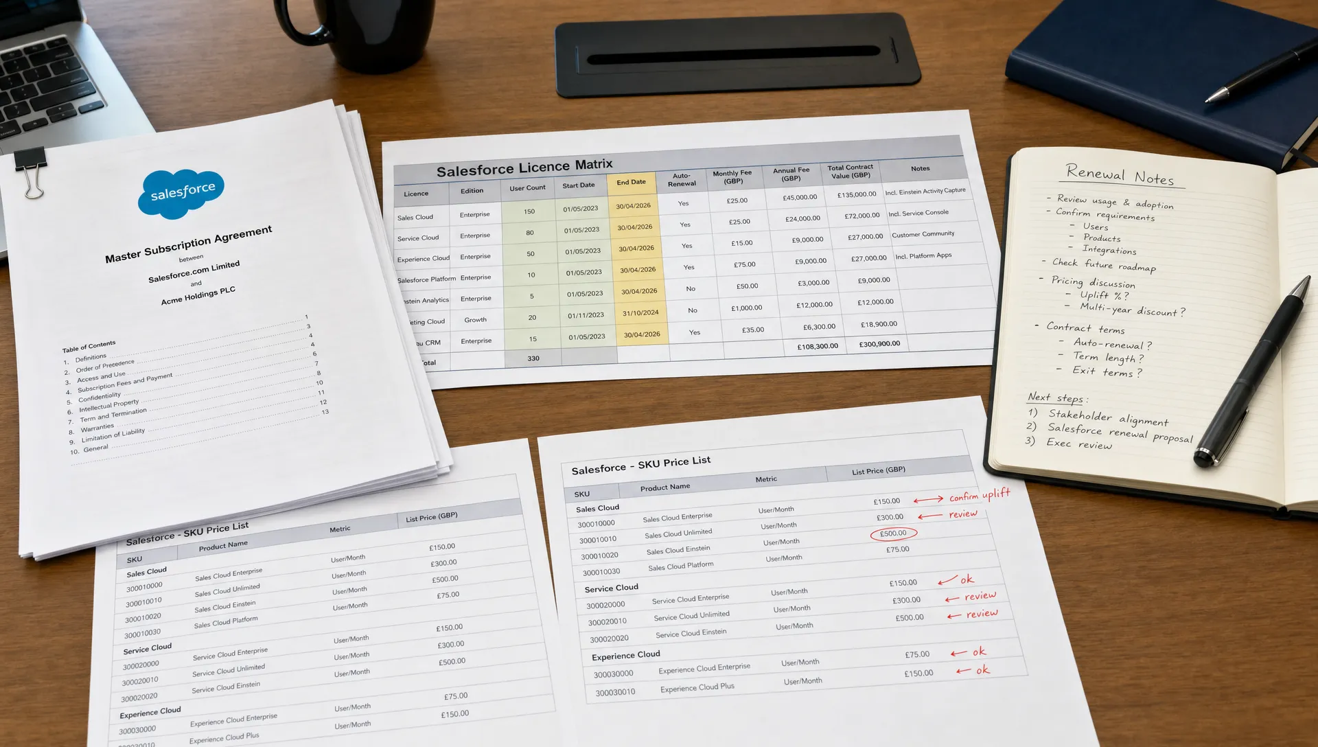 A meeting table with Salesforce contract documents, a licence matrix, renewal notes and marked-up SKU pages spread out for review.
