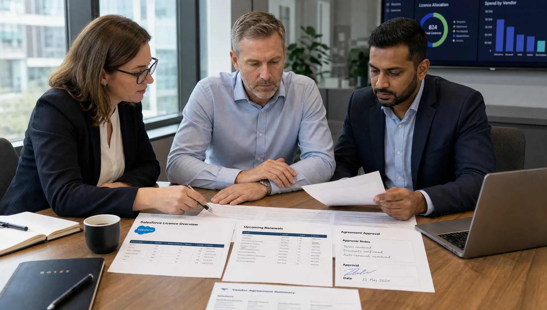 Finance, IT and procurement leaders review vendor agreements at a meeting table, with Salesforce licence data, renewal timing and approval notes on the papers.