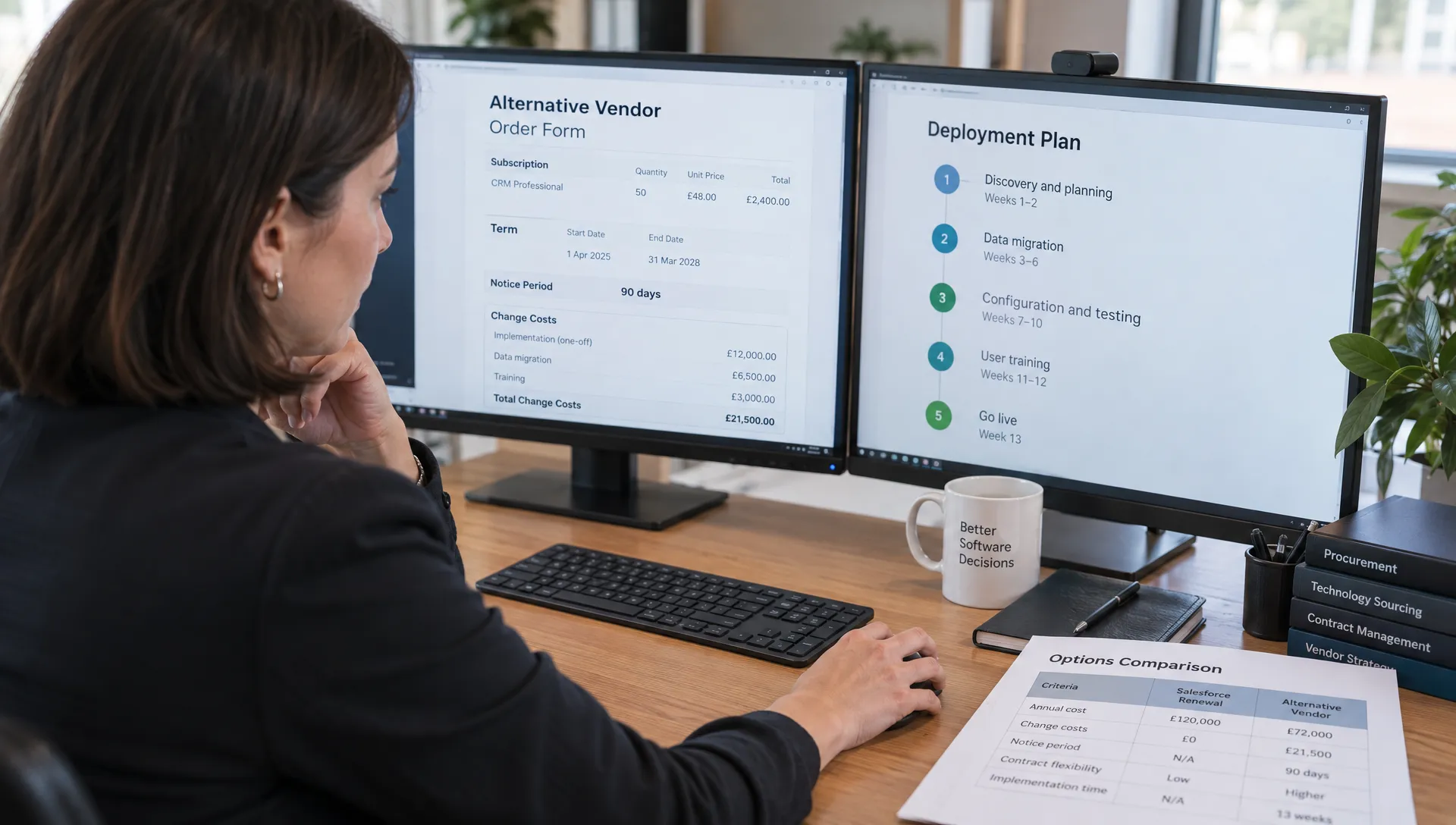 A procurement lead checks a feasible alternative to a Salesforce renewal, reviewing a notice period and change costs in an order form beside a deployment plan.