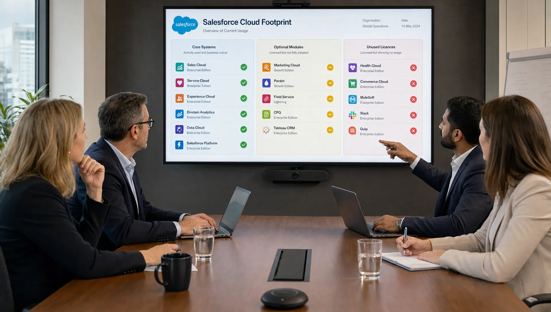 A boardroom table with finance, IT and procurement leaders reviewing a Salesforce cloud footprint map, showing core systems, optional modules and unused licences grouped into separate columns.
