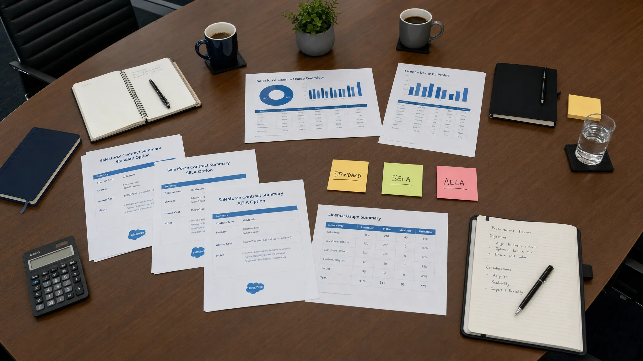 A boardroom table with printed Salesforce contract summaries, licence usage charts, a calculator, sticky notes for Standard, SELA and AELA options, and coffee cups arranged for a procurement review meeting, seen from a higher angle with the papers spread in separate clusters.