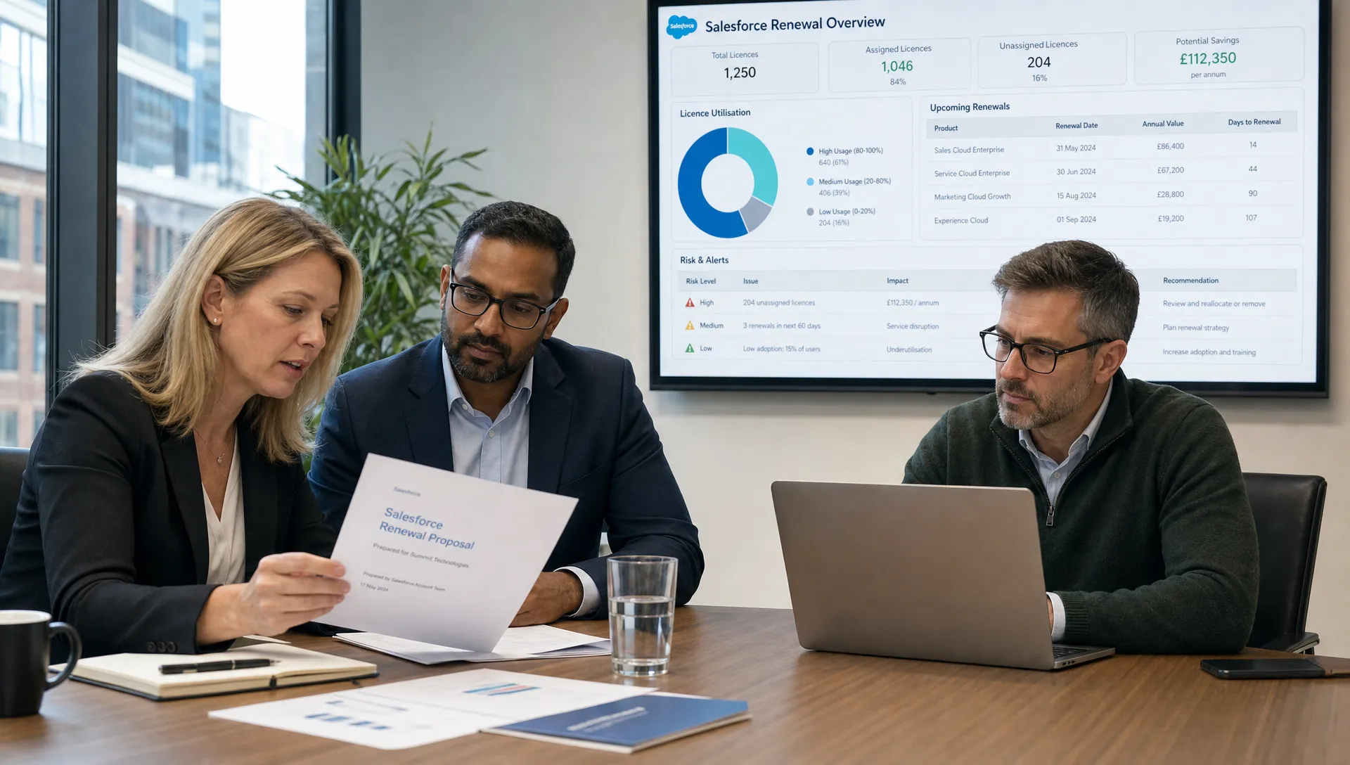 A procurement leader, finance lead and IT lead reviewing Salesforce renewal documents beside charts of licence use, renewal dates and risk flags.
