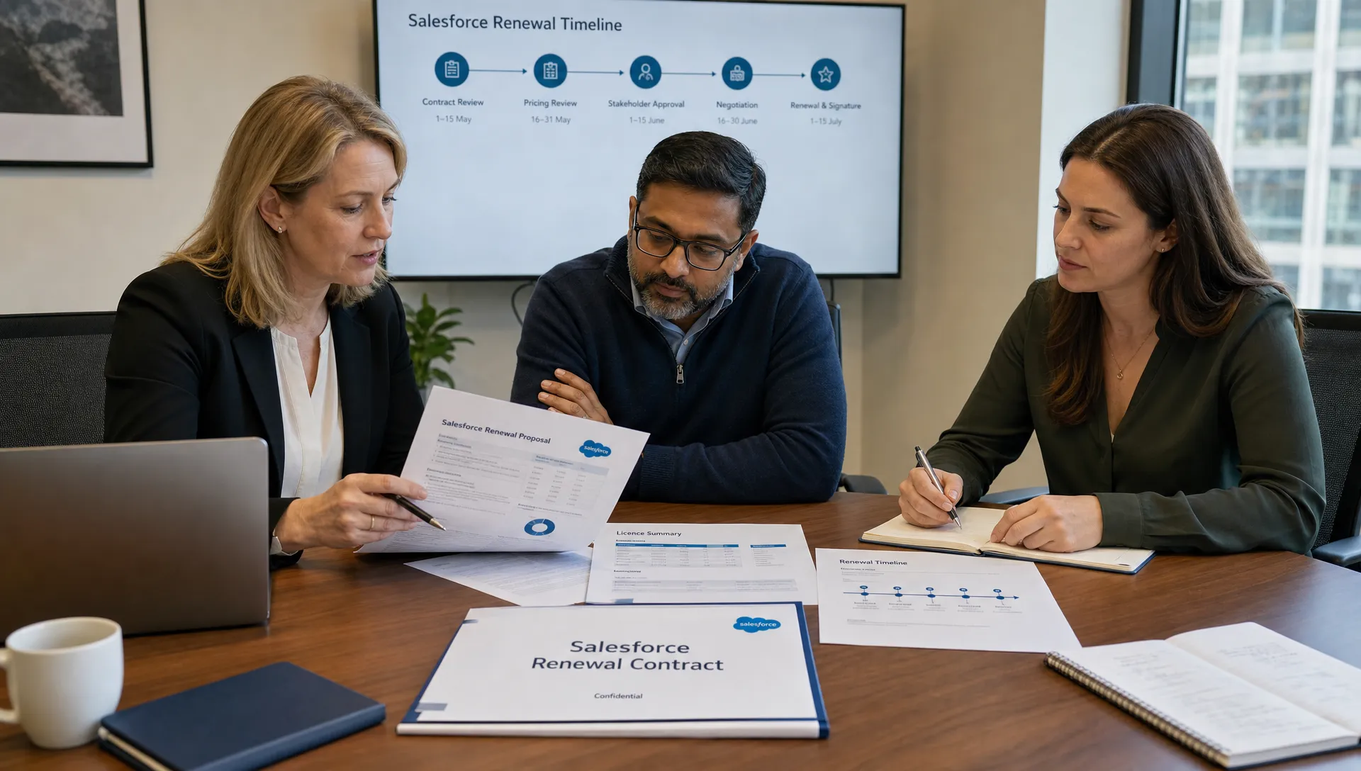 A finance leader, IT lead and procurement manager review Salesforce renewal papers together at a meeting table with contract documents, licence summaries and a renewal timeline.