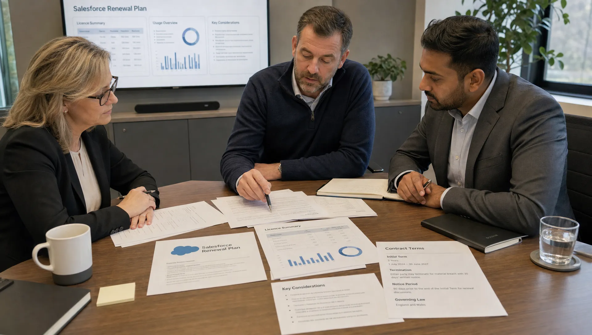 A finance leader, IT lead and procurement lead review a Salesforce renewal plan on a conference table with licence data, usage notes and contract terms laid out on paper.