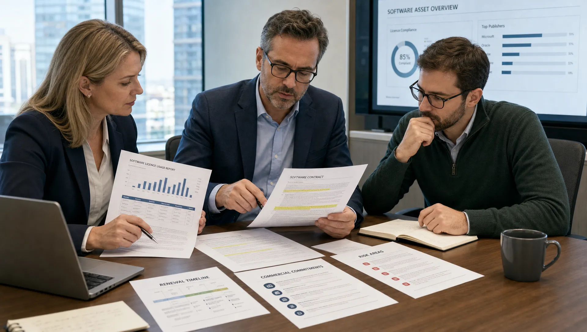 A finance leader, procurement specialist and IT lead review printed software contract pages, licence usage reports and renewal timelines on a meeting table, with highlighted sections showing risk areas and commercial commitments.