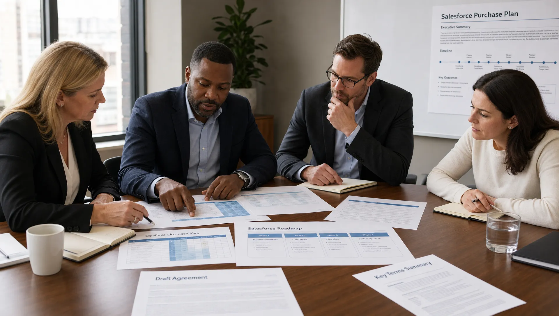 A finance leader, CIO, procurement lead, and operations owner reviewing a large Salesforce purchase plan on a meeting table with printed contract pages, licence maps, and a simple roadmap. The scene shows careful enterprise decision-making without screens as the focus.
