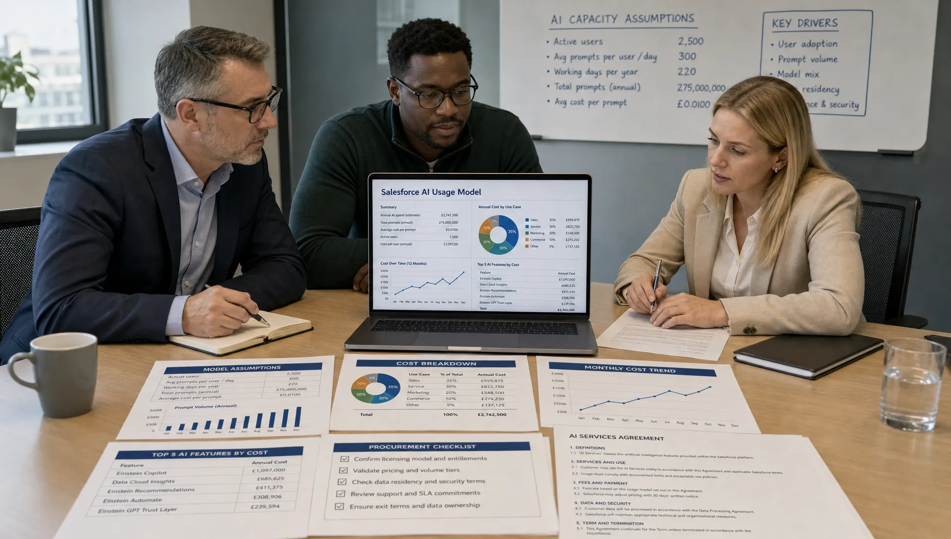 A finance leader, IT lead and procurement specialist reviewing a Salesforce AI usage model on a meeting table with charts, contract pages and capacity assumptions clearly laid out, with the model as the clear hero element and the papers arranged tightly in a quiet planning room.