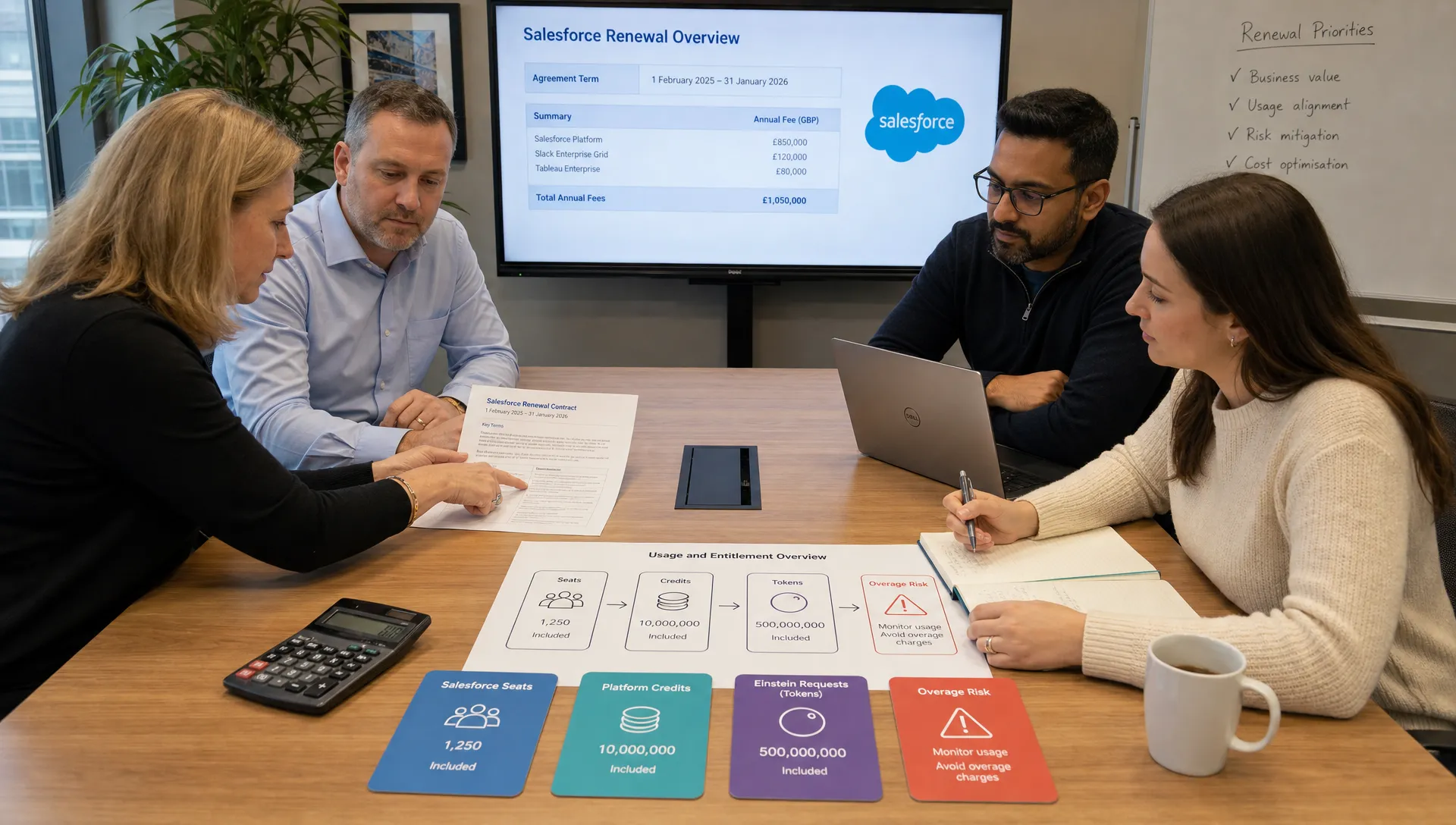 A finance and IT team reviewing a Salesforce renewal contract at a conference table, with a calculator, usage credit cards and a simple flow showing seats, credits, tokens and overage risk laid out in front of them.