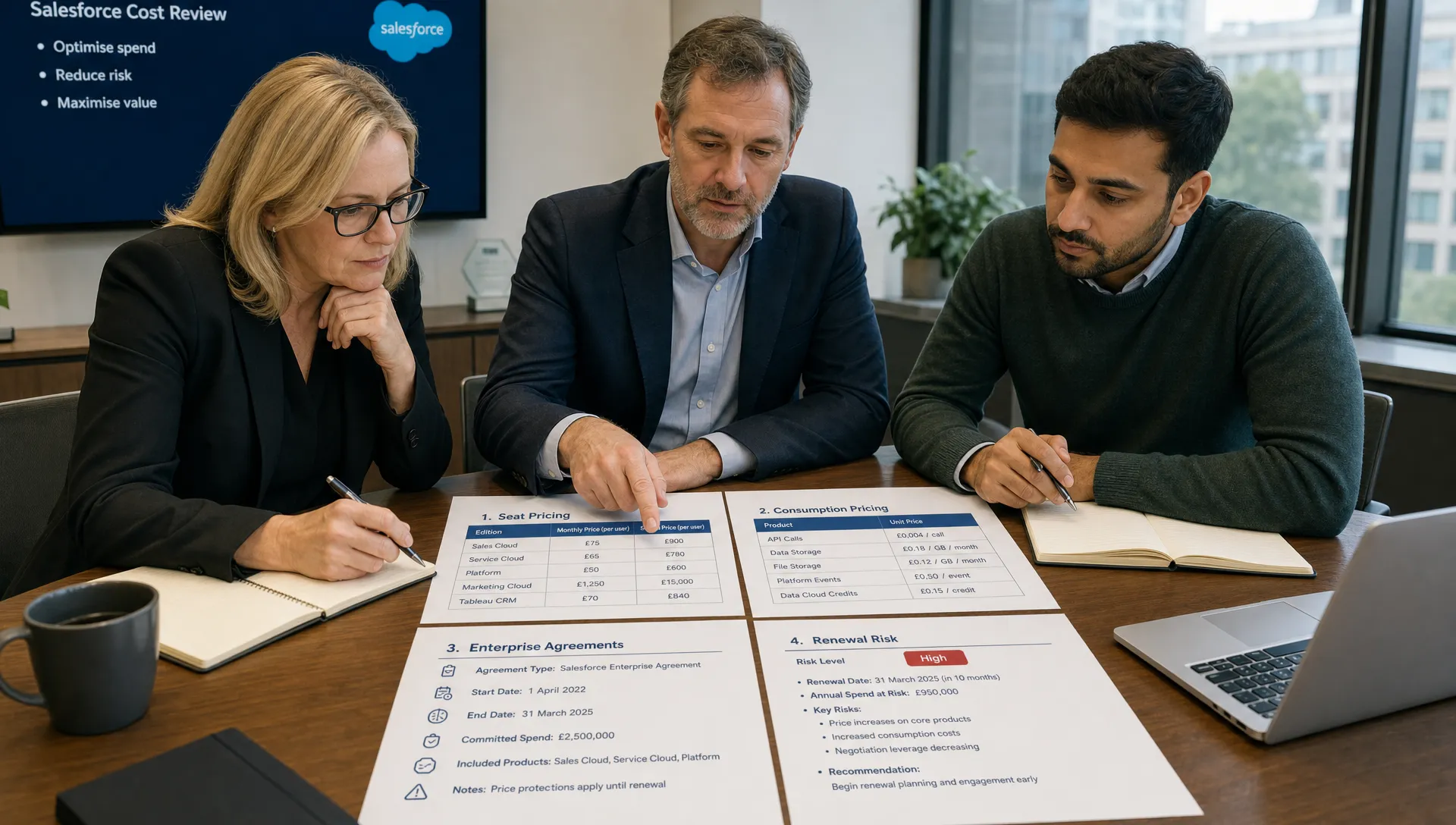 Finance, IT and procurement leaders review printed Salesforce cost documents on a meeting table, with sections for seat pricing, consumption pricing, enterprise agreements and renewal risk.