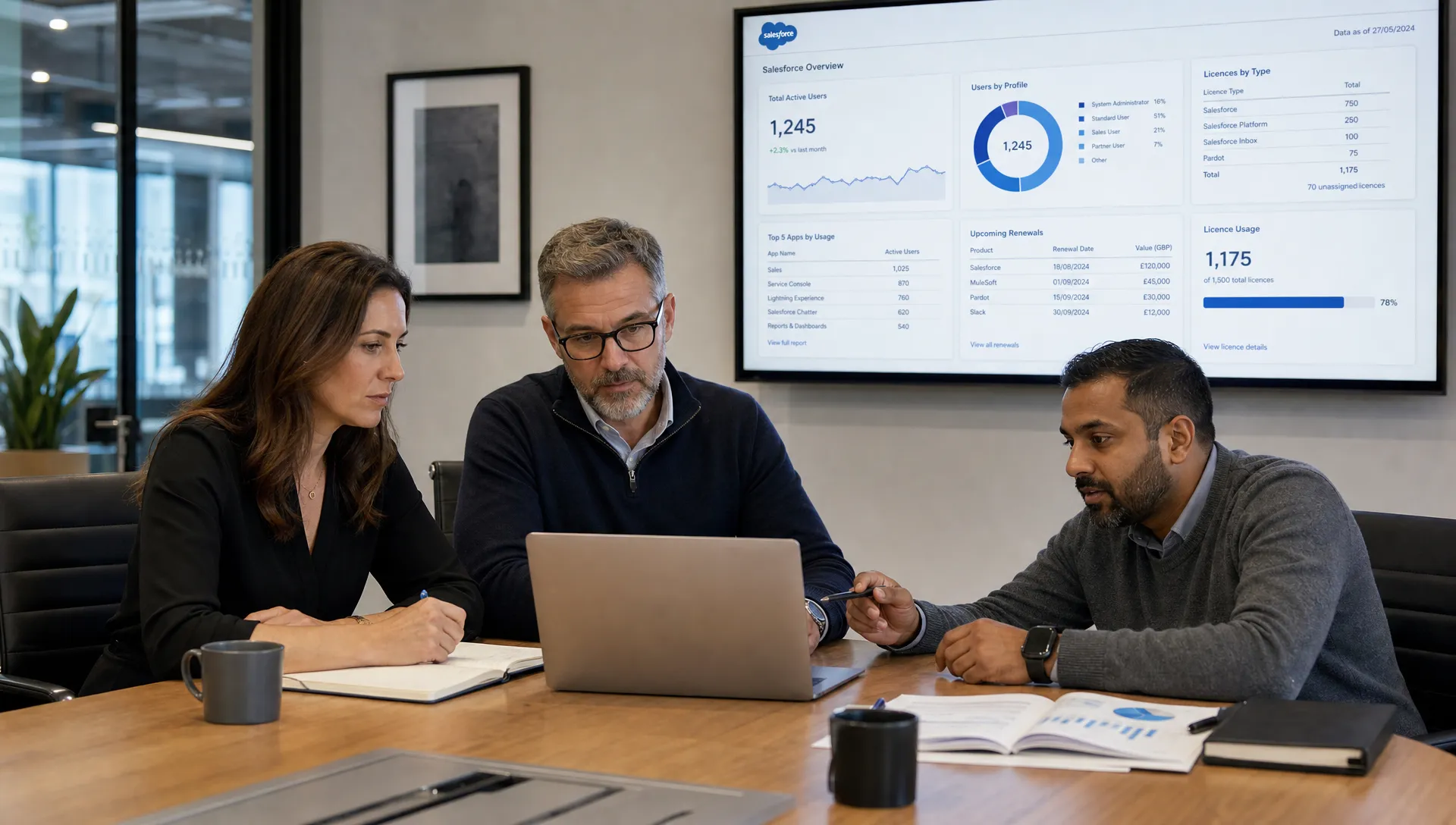A finance lead, procurement lead and IT lead review Salesforce usage reports, renewal dates and licence volumes across a meeting table.