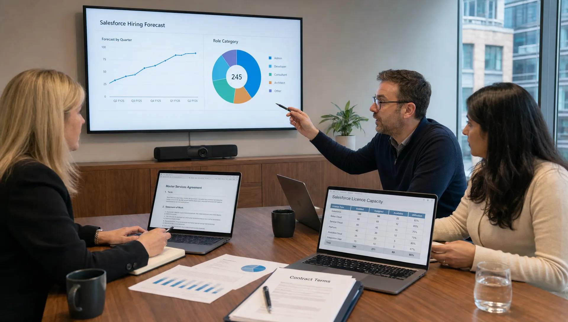 Finance, IT and procurement colleagues compare a Salesforce hiring forecast with contract terms and a licence capacity worksheet around a meeting table.