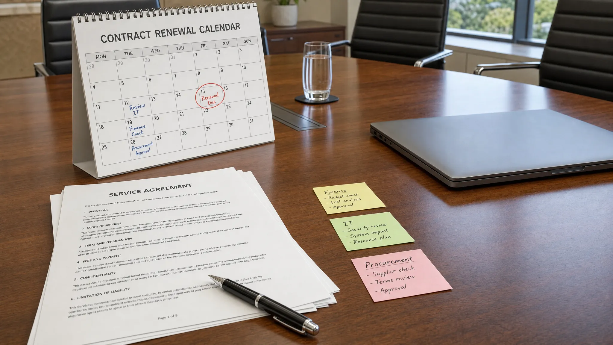 A boardroom table with printed contract pages, a marked renewal calendar, sticky notes for finance, IT and procurement tasks, and a closed laptop beside the documents.