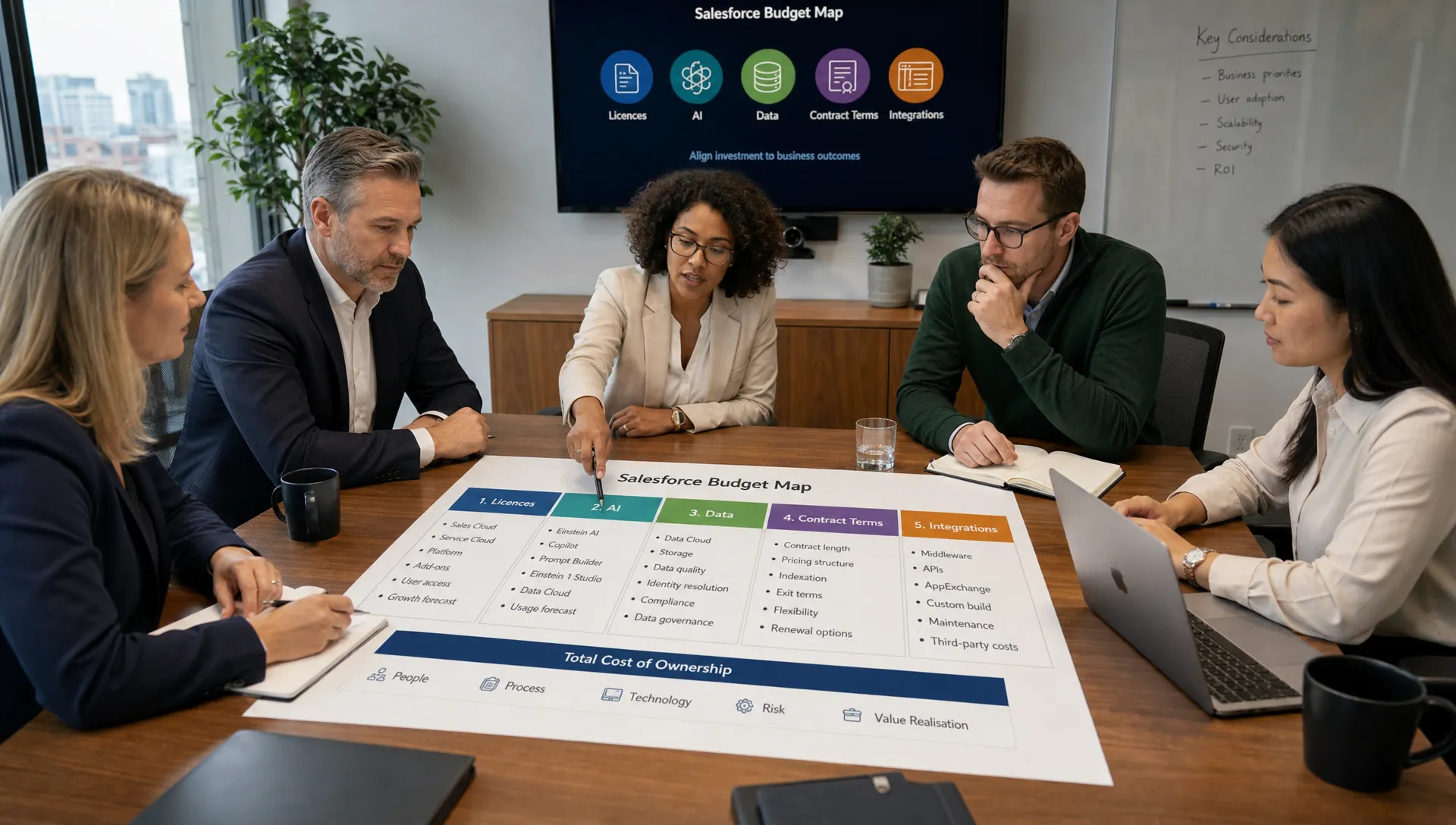 A finance, IT and procurement team reviewing a Salesforce budget map on a meeting table, with labelled sections for licences, AI, data, contract terms and integrations.