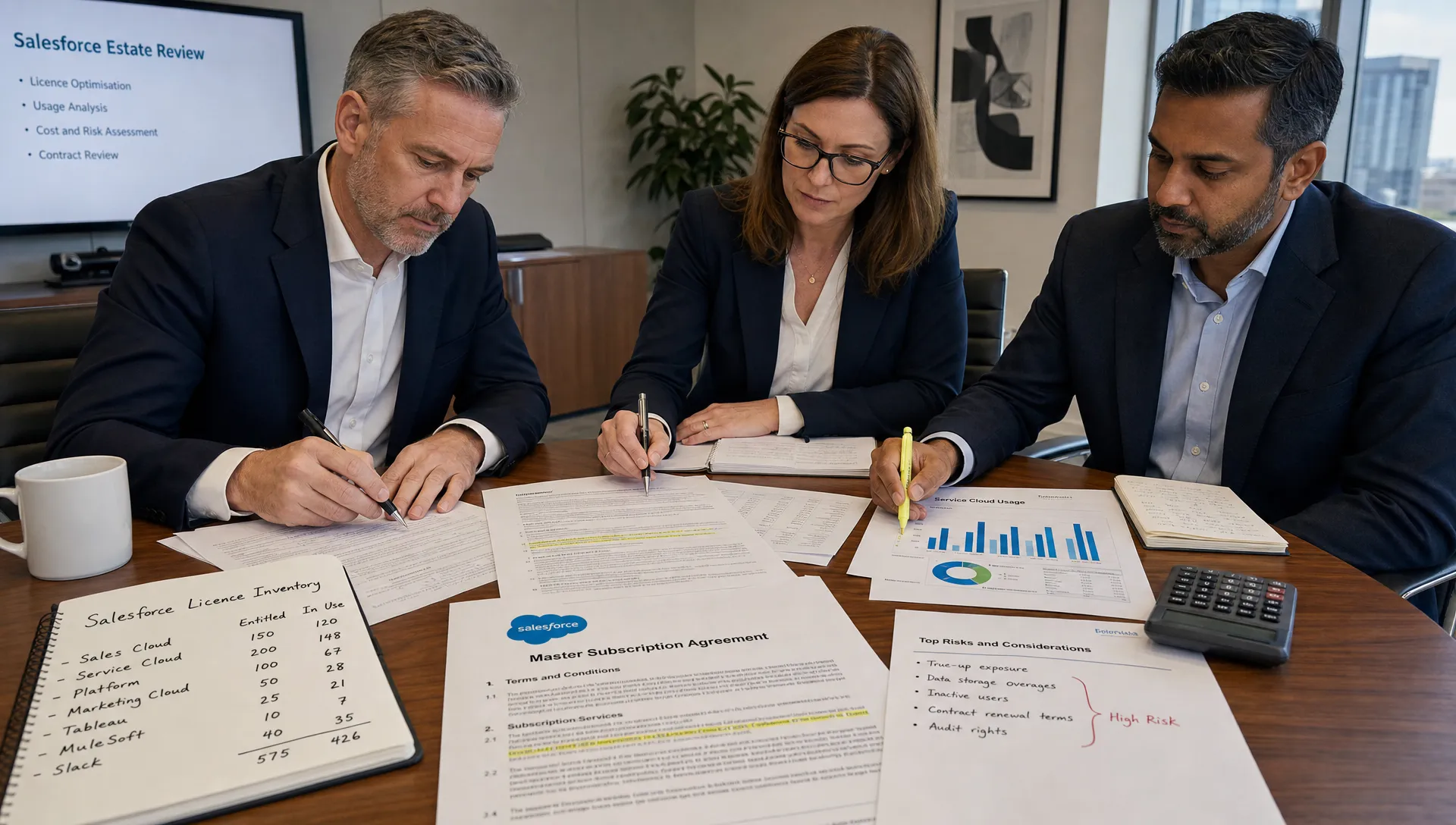 A meeting table with printed Salesforce contract pages, licence inventory notes, usage charts and a calculator spread across the surface, with three executives reviewing the documents and marking risk areas.