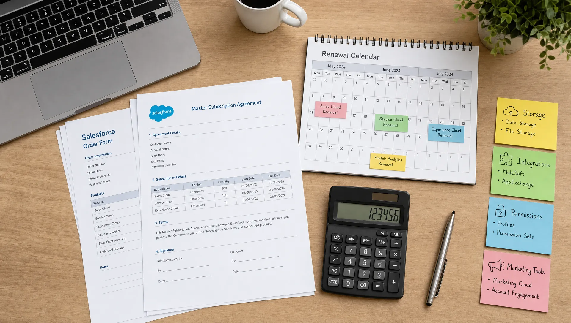 A procurement desk seen from above with Salesforce contract pages, a renewal calendar, a calculator and colour-coded notes marking add-on categories such as storage, integrations, permissions and marketing tools.