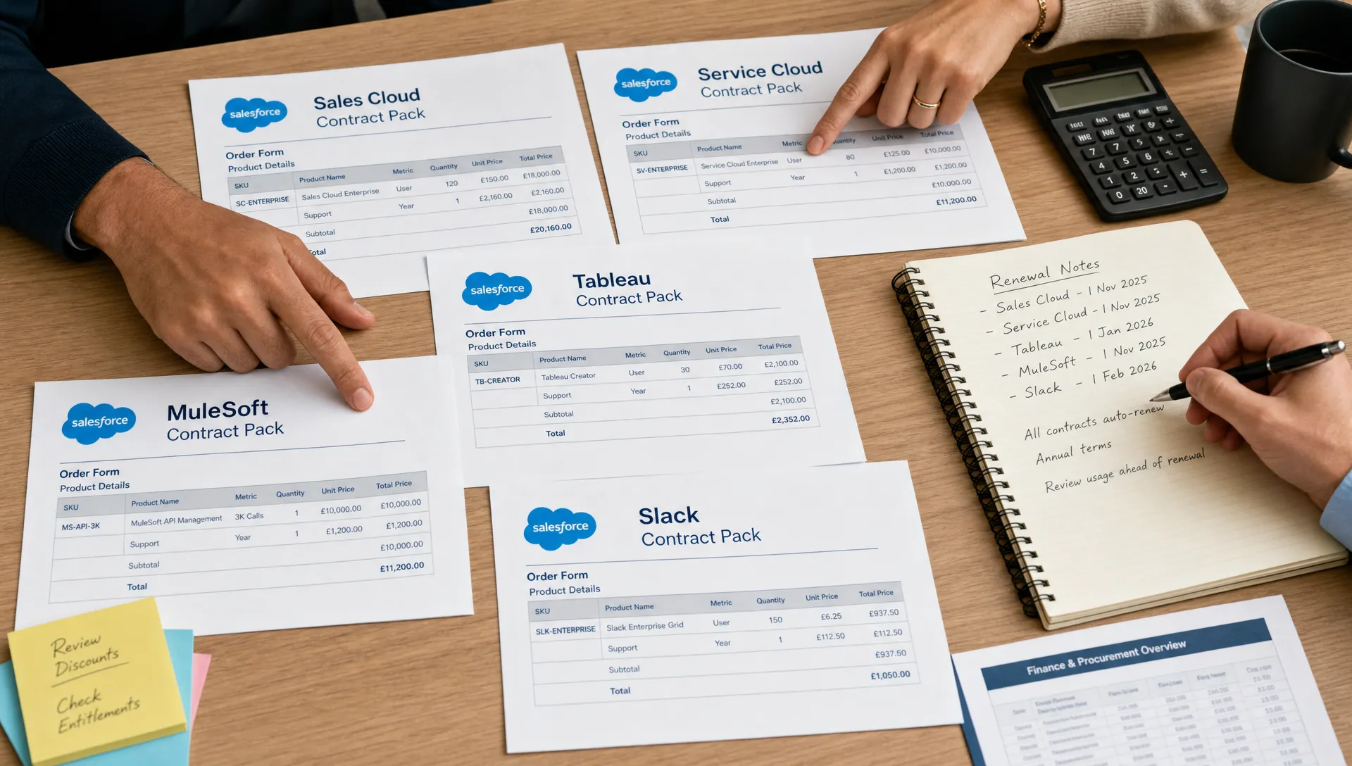 A close-up tabletop view of separate Salesforce contract packs for Sales Cloud, Service Cloud, Tableau, MuleSoft and Slack, with a finance and procurement team’s hands pointing at individual SKU pages and renewal notes to show each product as a distinct line item.