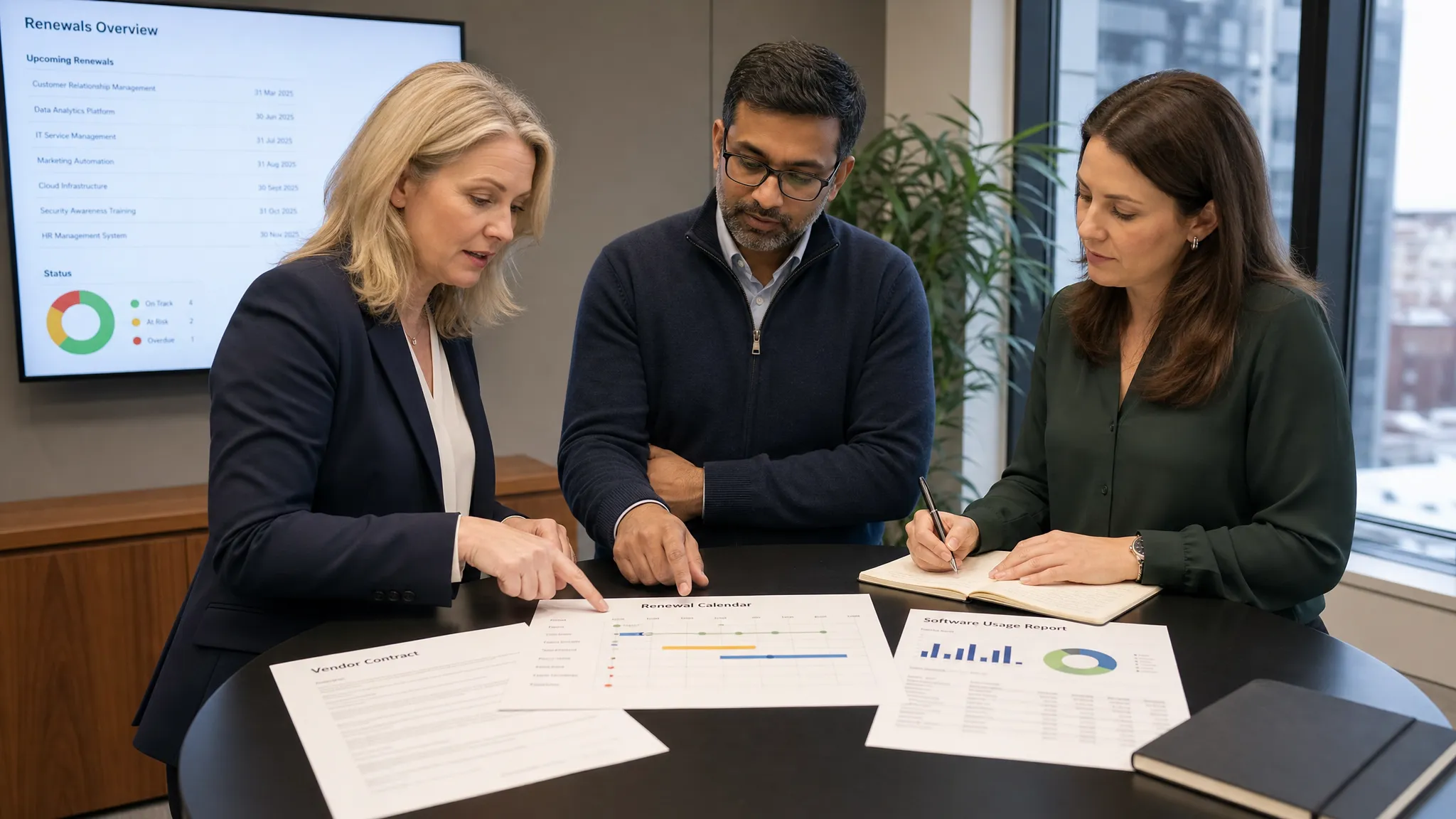 A finance leader, technology leader and procurement specialist reviewing a printed vendor contract, usage report and renewal calendar together around a standing table in a meeting room, with one person pointing to the timeline and another making notes.