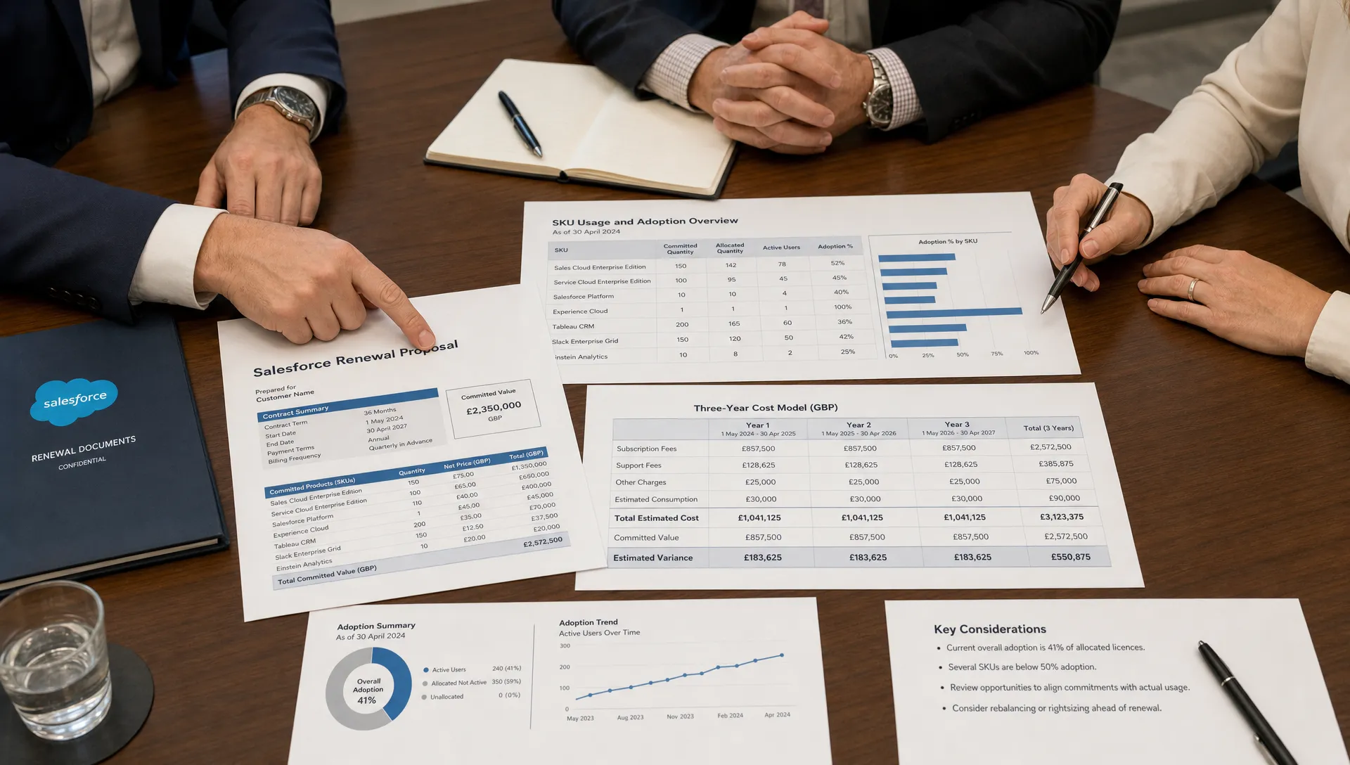 A contract review table with printed Salesforce renewal documents, SKU usage charts and a three-year cost model, showing executives comparing contract commitments and actual adoption data without any visible screens.