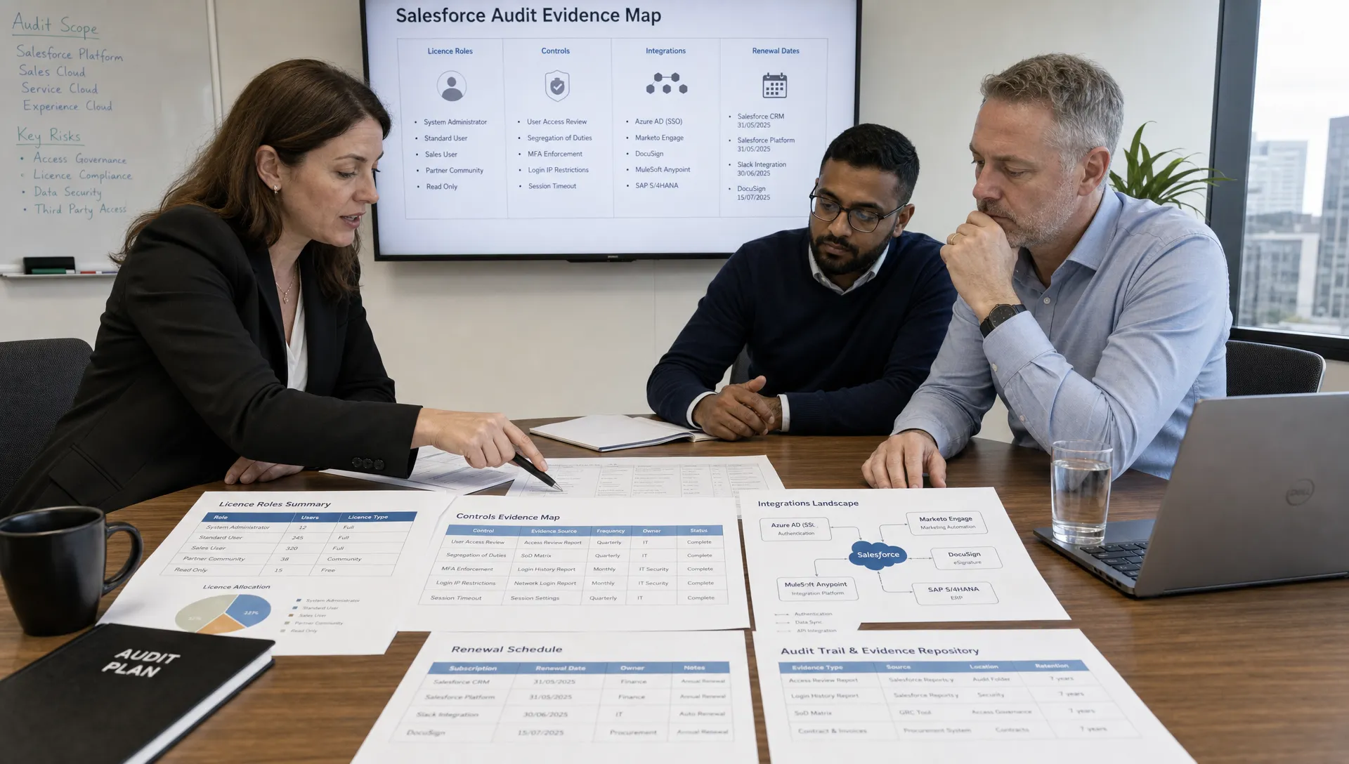 A finance, IT and procurement team reviews a Salesforce audit evidence map on a meeting table, with licence roles, controls, integrations and renewal dates marked on printed documents.