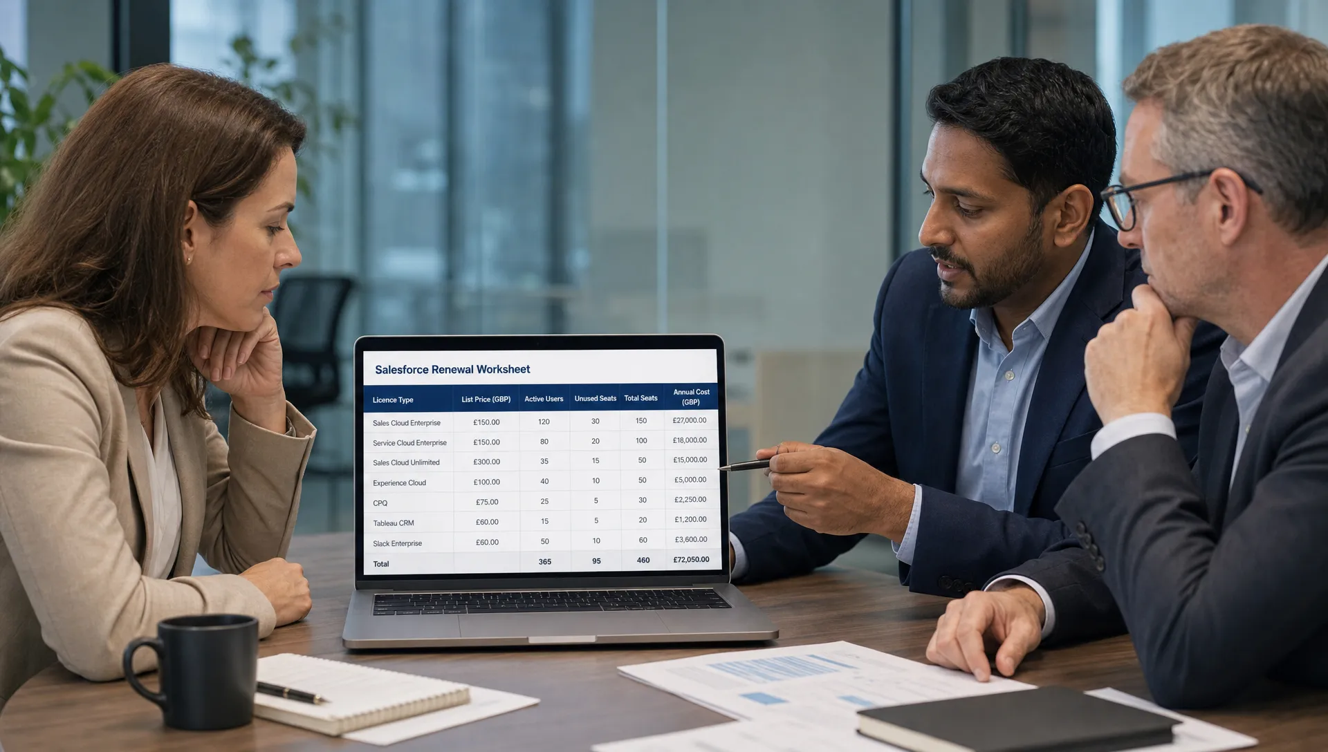 Finance, IT and procurement leaders review a Salesforce renewal worksheet comparing licence types, active users and unused seats.