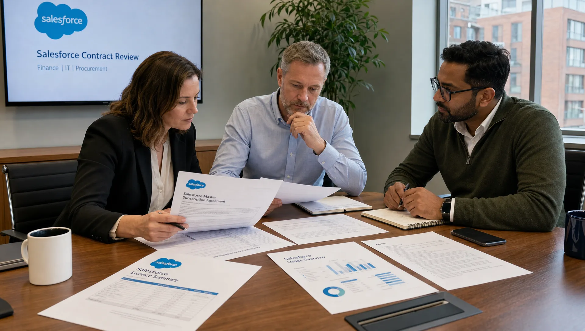 A finance, IT and procurement team review printed Salesforce contract pages, licence summaries and usage notes on a meeting table.