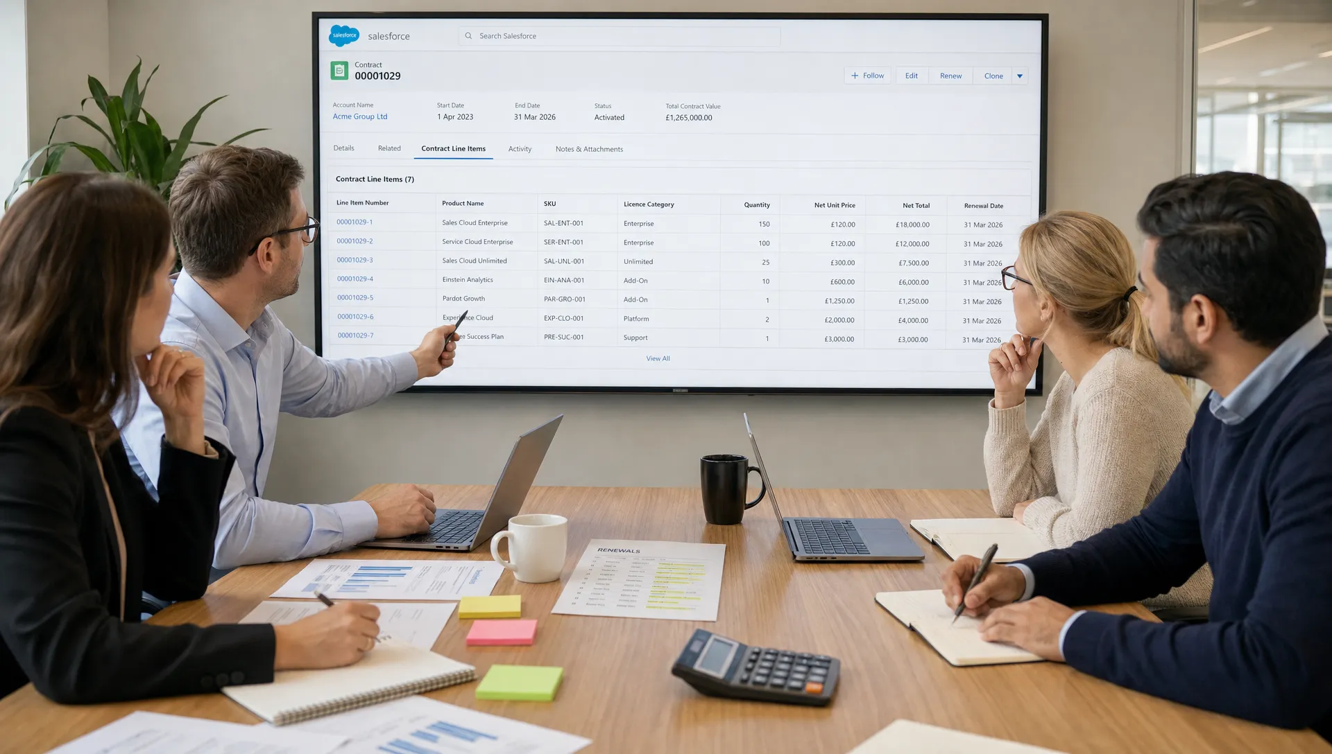 A procurement team reviews Salesforce contract line items, SKU quantities, licence categories and renewal dates on a meeting table with notes and a calculator.