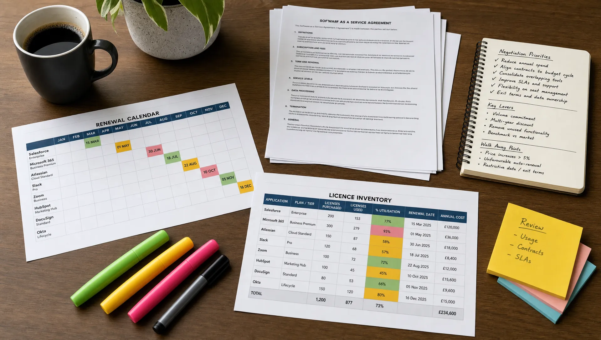 A table with printed SaaS contracts, renewal calendars, licence inventory notes and coloured markers arranged for careful negotiation planning.
