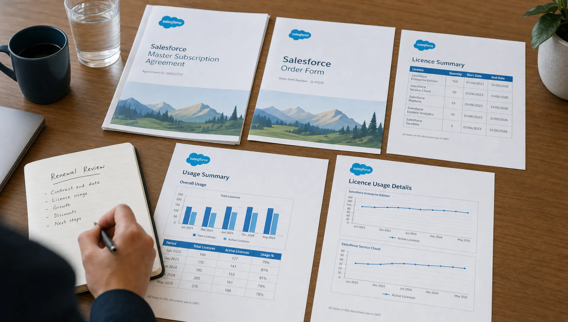 Printed Salesforce contract pages, licence summaries and usage charts are arranged on a table during a calm renewal review.