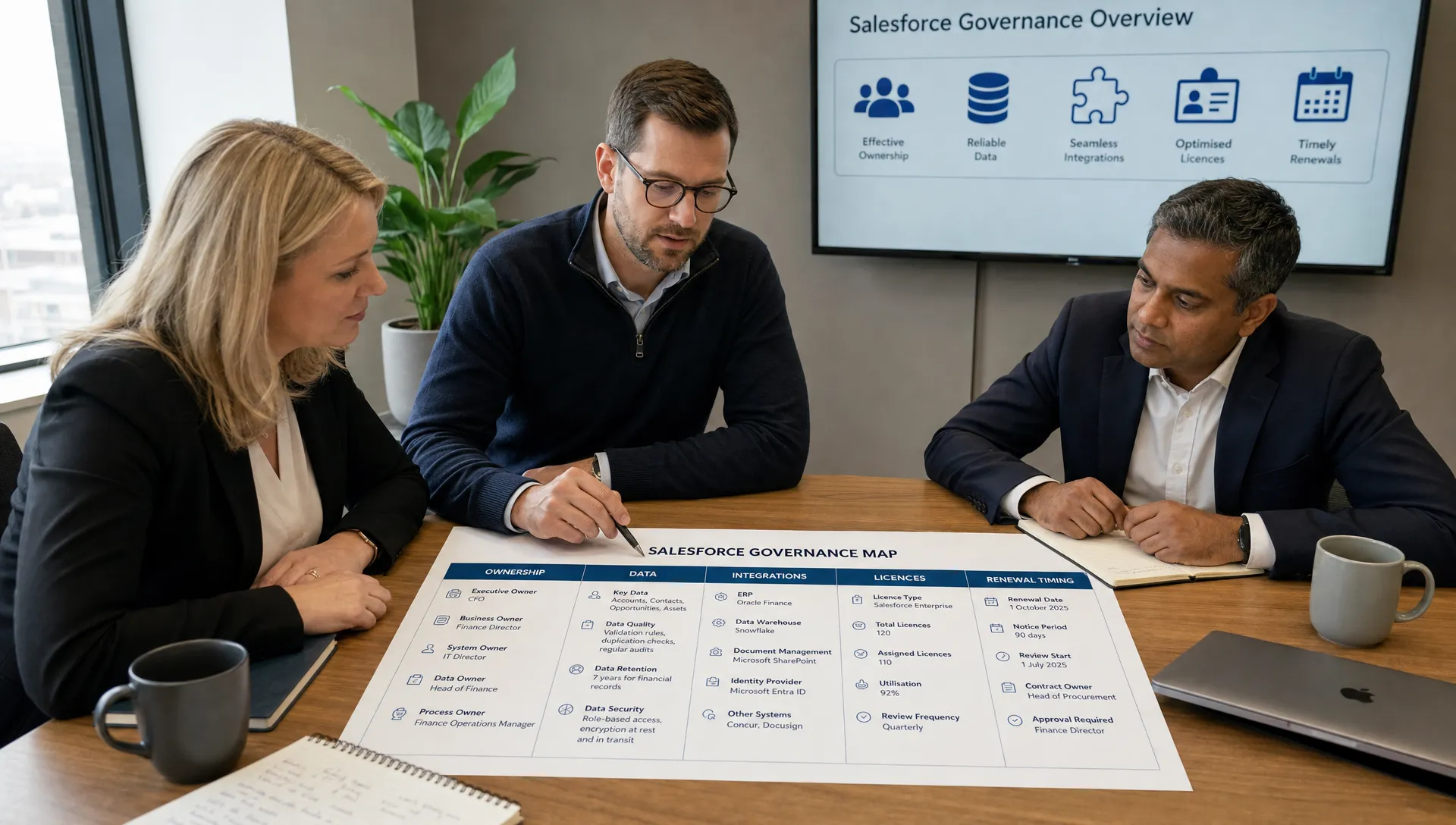 A finance leader, IT lead and procurement lead review a Salesforce governance map on a meeting table with sections for ownership, data, integrations, licences and renewal timing.