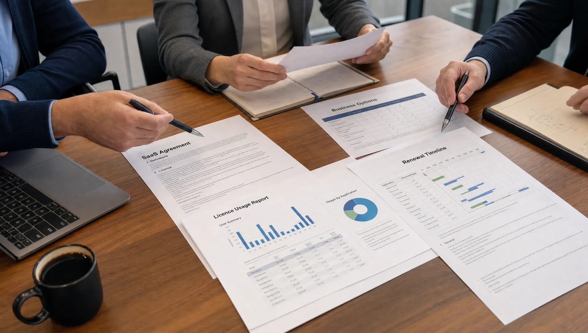 Printed SaaS agreements, licence usage reports and renewal timelines are spread across a meeting table as teams compare contract terms with business options.