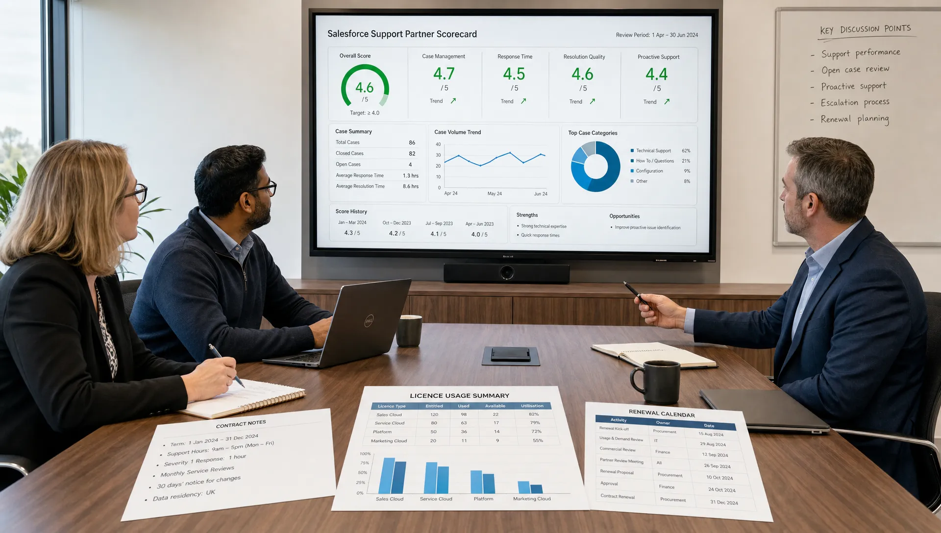 A finance lead, IT manager and procurement specialist reviewing a Salesforce support partner scorecard at a long table, with contract notes, licence usage summaries and a renewal calendar laid out clearly.