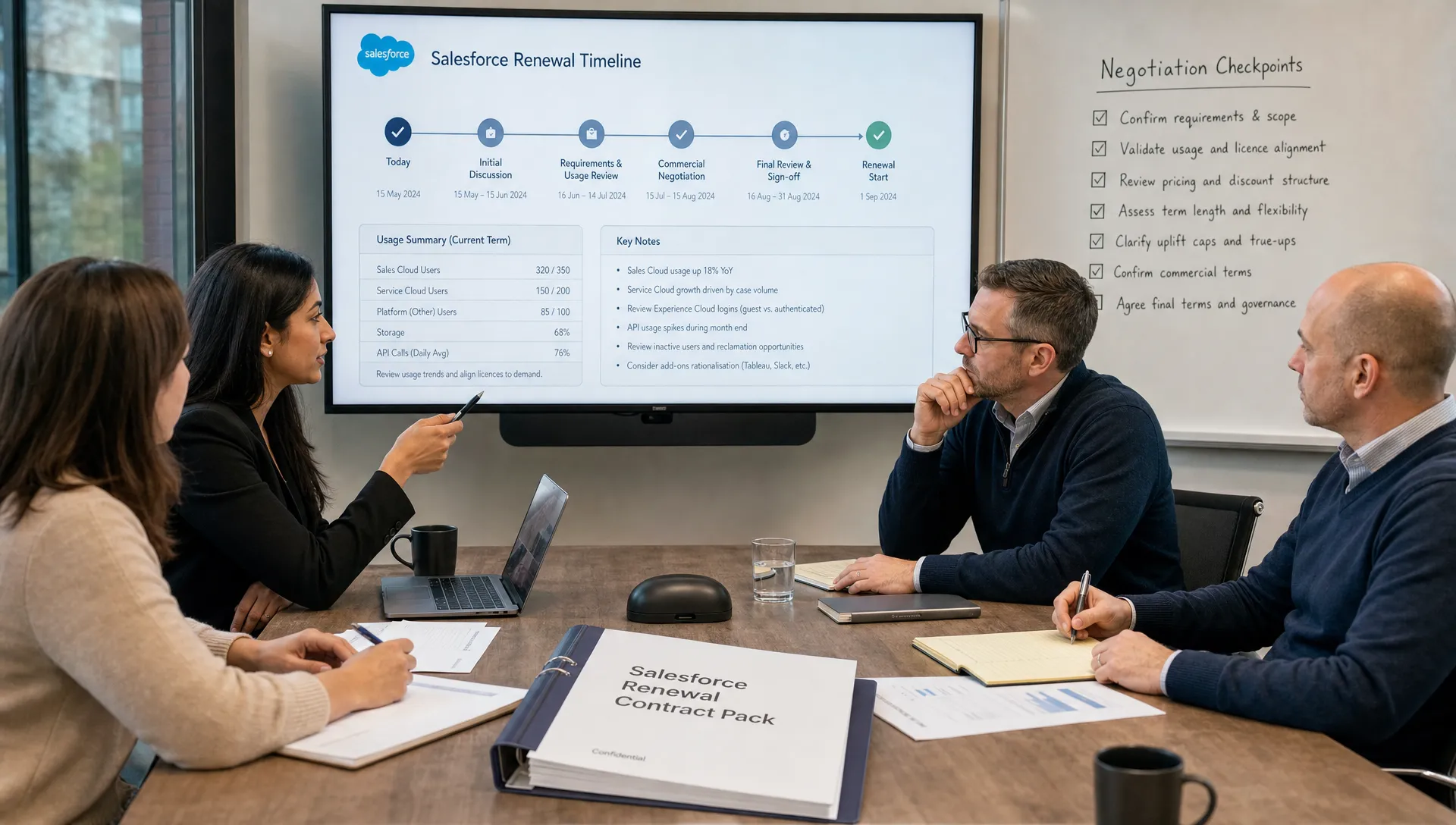 A procurement and finance team reviewing a Salesforce renewal timeline, with usage notes and negotiation checkpoints beside the contract pack.