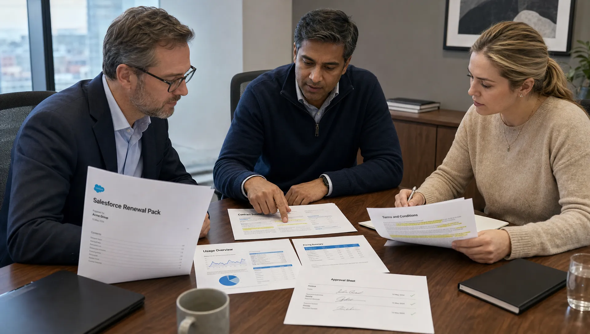 A finance leader, technology leader and procurement lead reviewing a printed Salesforce renewal pack at a meeting table, with highlighted contract pages, usage notes and approval documents between them.