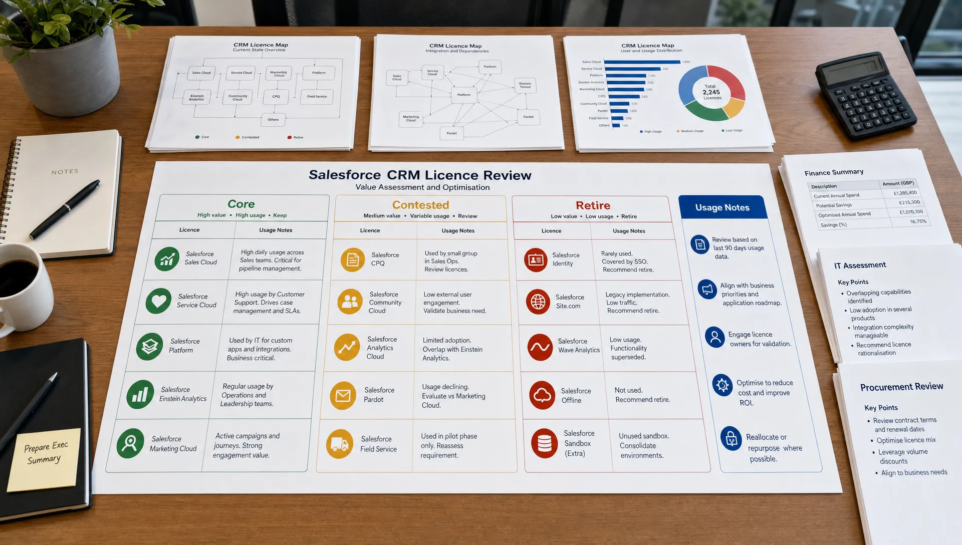A large table with printed CRM licence maps, usage notes and three clearly labelled columns: Core, Contested and Retire. Finance, IT and procurement documents are arranged together to show a practical Salesforce value review.