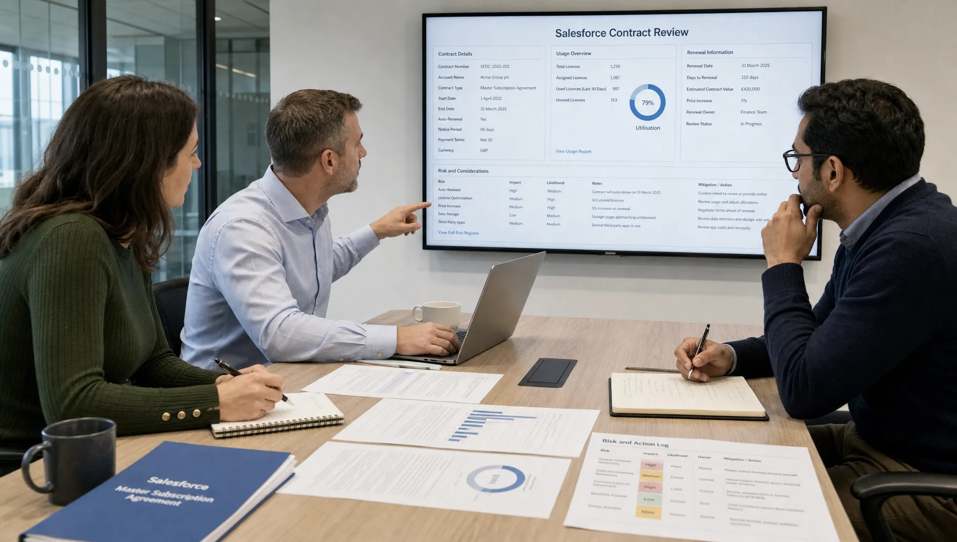 A procurement, finance and IT team review Salesforce contract terms, usage data, renewal dates and risk notes spread across a shared table.