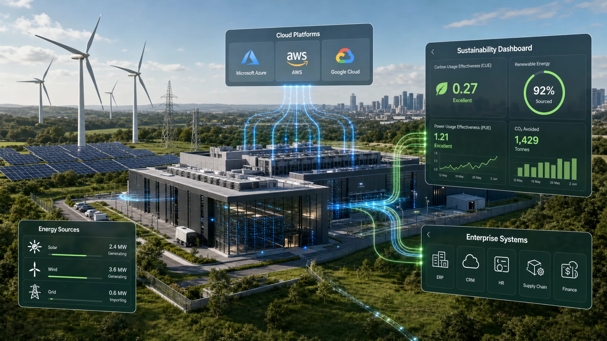 A modern data centre connected to renewable energy sources, with data flows moving between cloud platforms, sustainability dashboards and enterprise software systems, viewed from a slightly elevated angle.